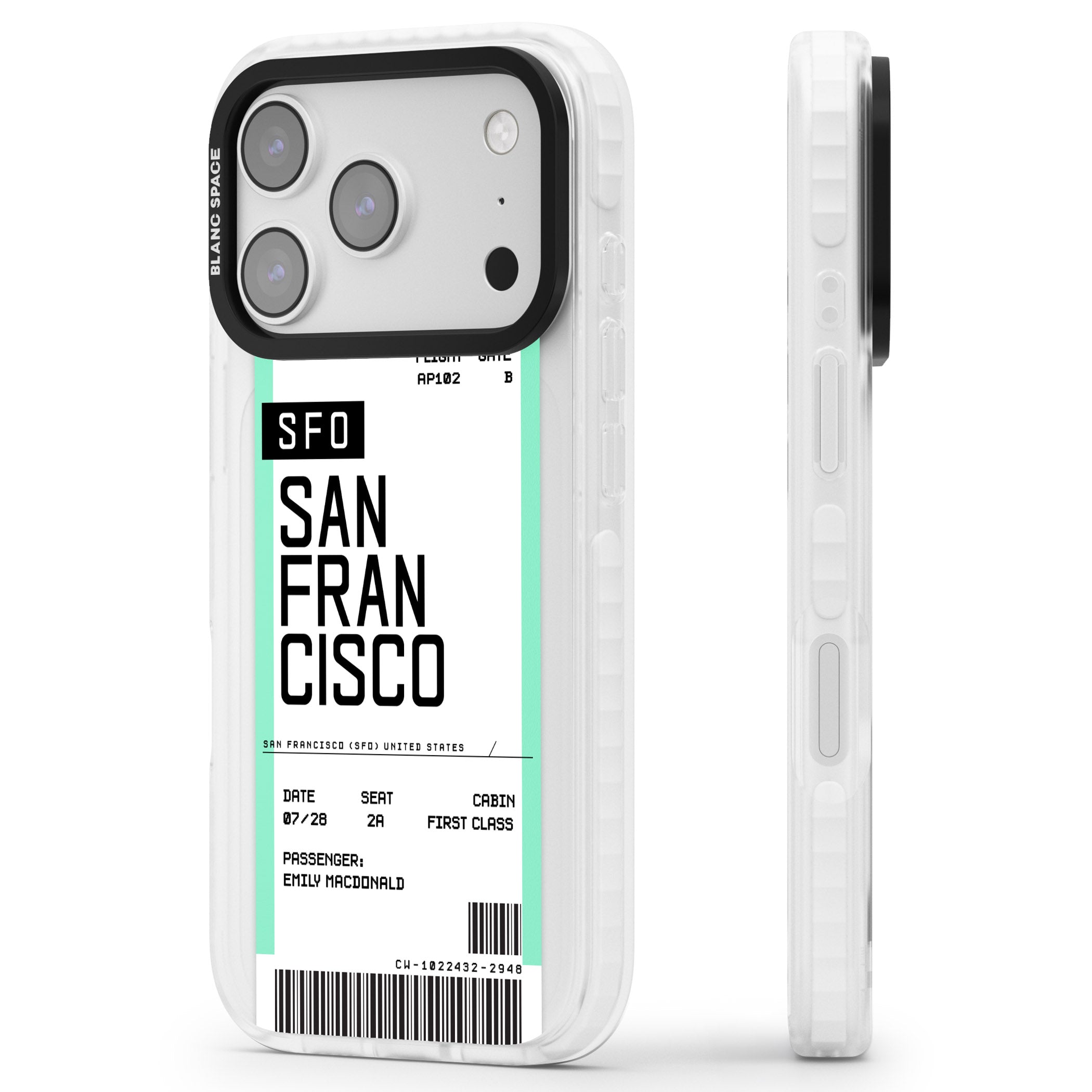 Personalised San Francisco Boarding Pass iPhone 17 Pro Impact Clear Phone Case Side Profile