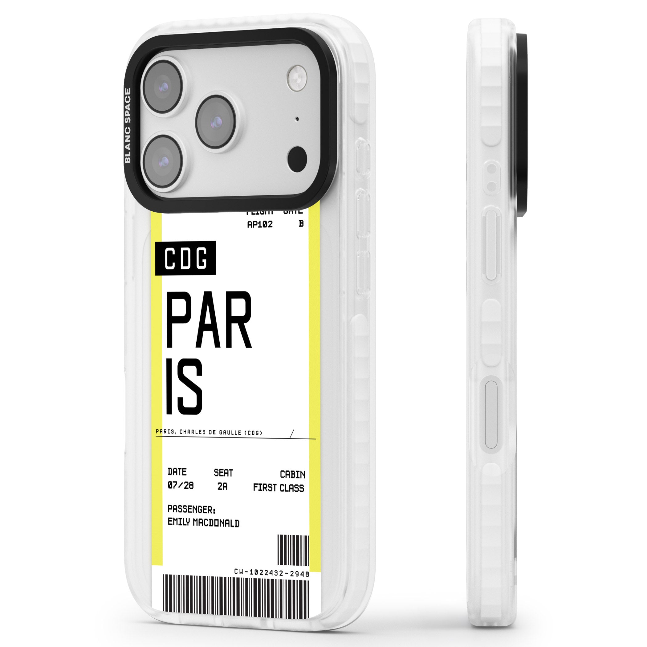 Personalised Paris Boarding Pass iPhone 17 Pro Impact Clear Phone Case Side Profile