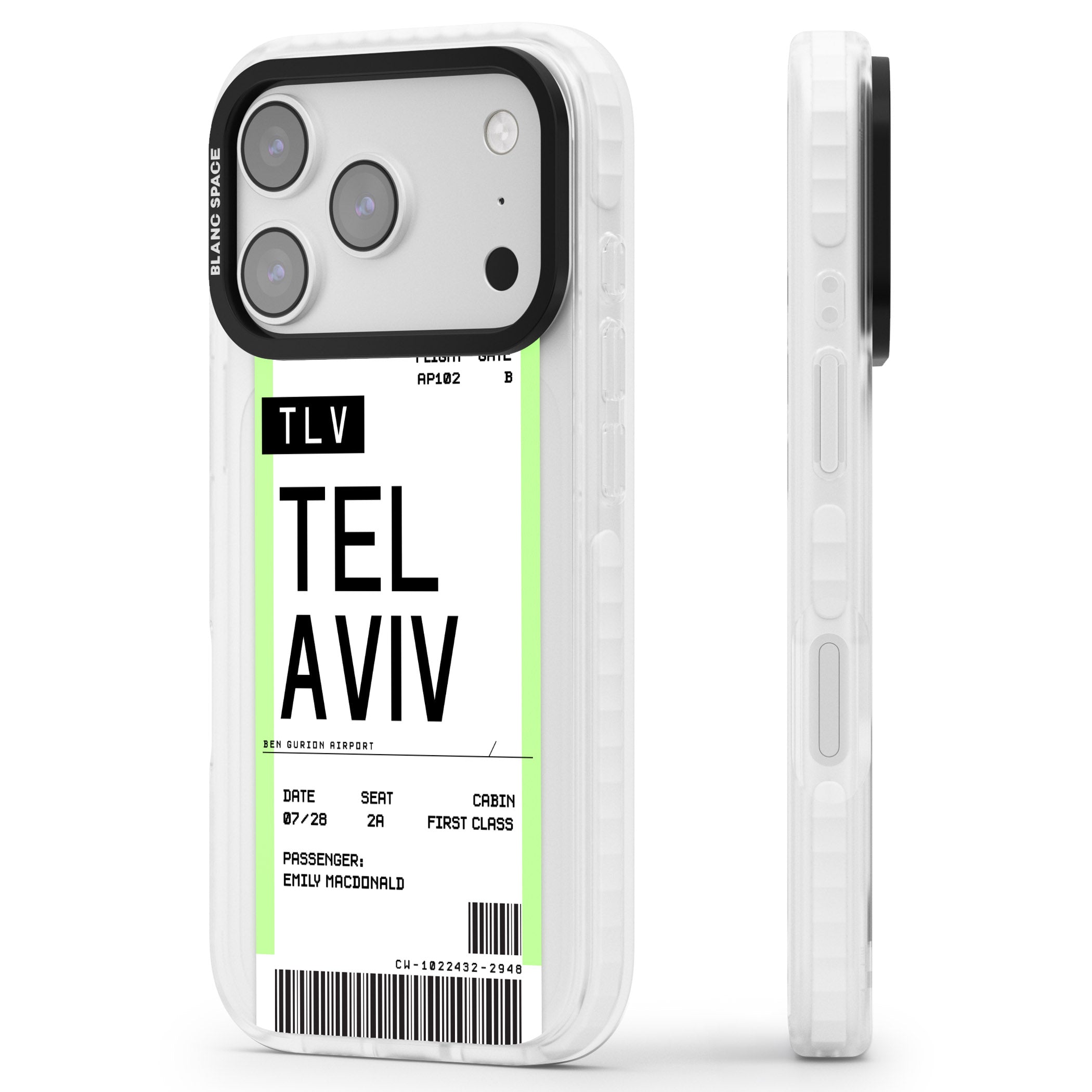 Personalised Tel Aviv Boarding Pass iPhone 17 Pro Impact Clear Phone Case Side Profile