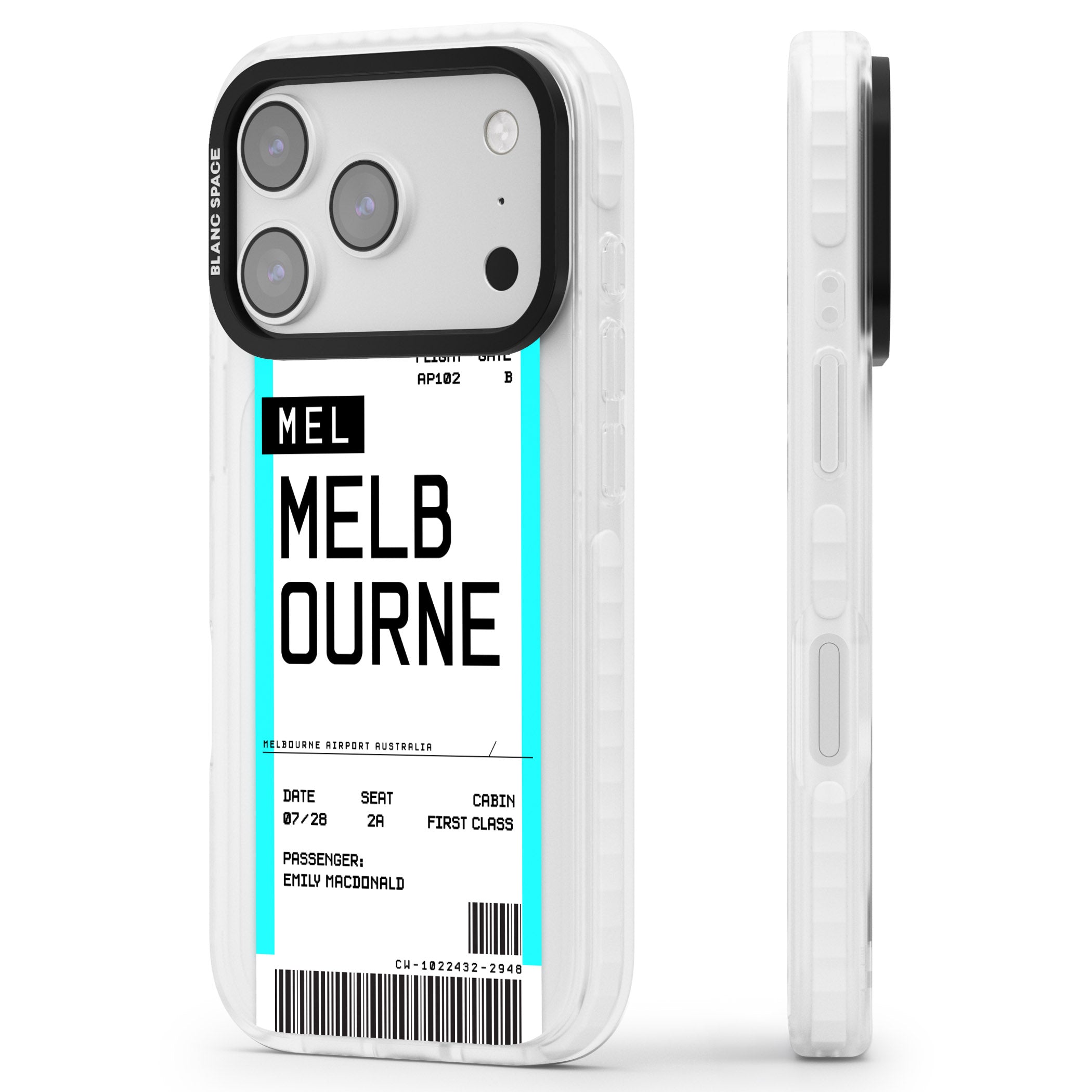 Personalised Melbourne Boarding Pass iPhone 17 Pro Impact Clear Phone Case Side Profile