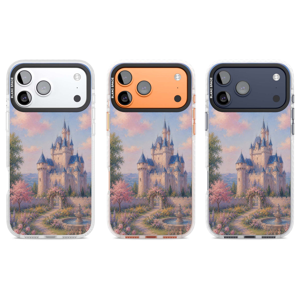 Enchanted Kingdom fairytale iPhone case featuring a romantic castle painting with cherry blossoms and pastel pink sky | Black Impact case for iPhone 17 Pro, iPhone 17 Pro Max