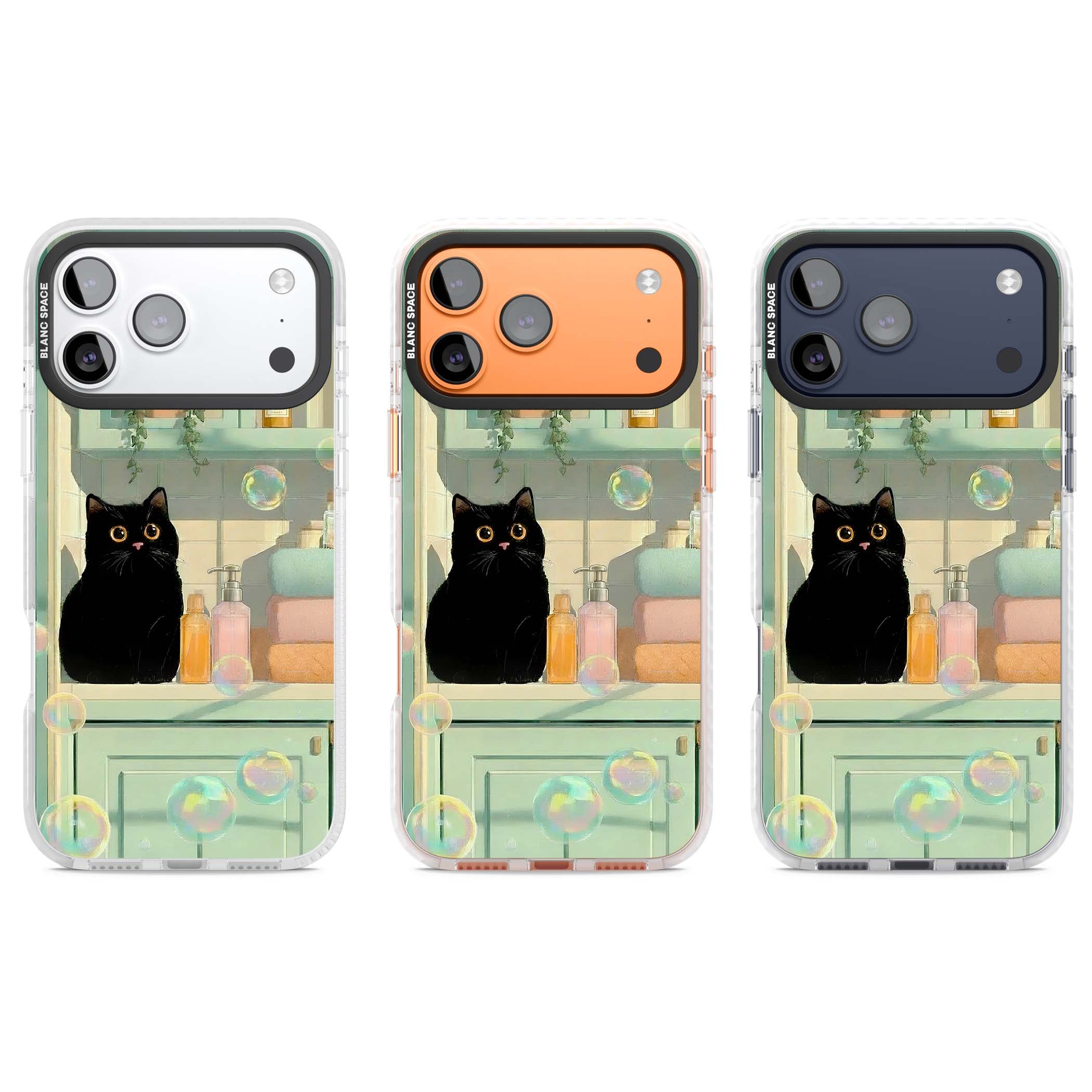 Bathroom Bubble Kitty cottagecore iPhone case featuring a black cat, mint bathroom scene and floating soap bubbles | Black Impact case for iPhone 17 Pro, iPhone 17 Pro Max