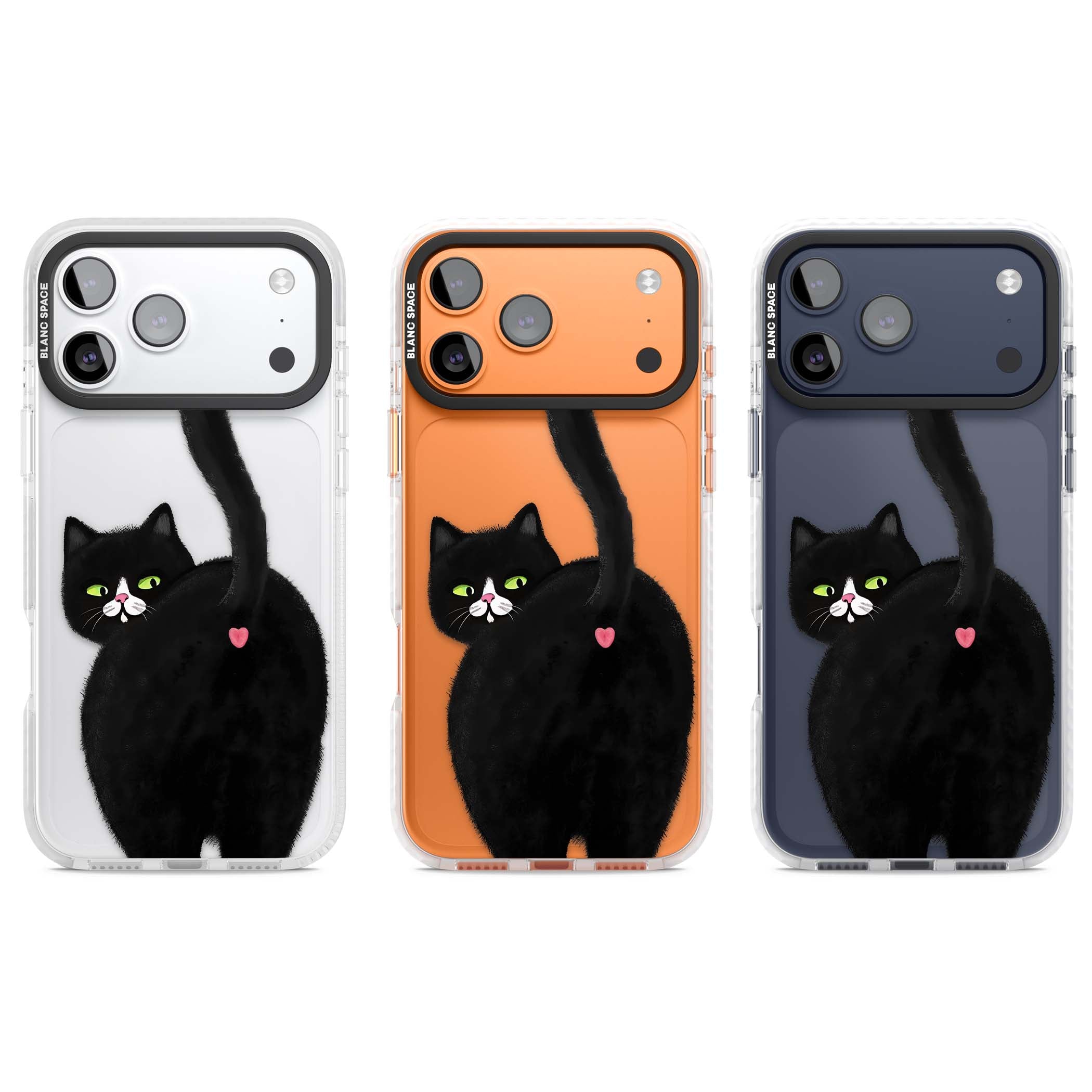The Cat's Kiss cute cat iPhone case featuring a hand-painted tuxedo kitty with green eyes and a pink heart on a clear | Black Impact case for iPhone 17 Pro, iPhone 17 Pro Max