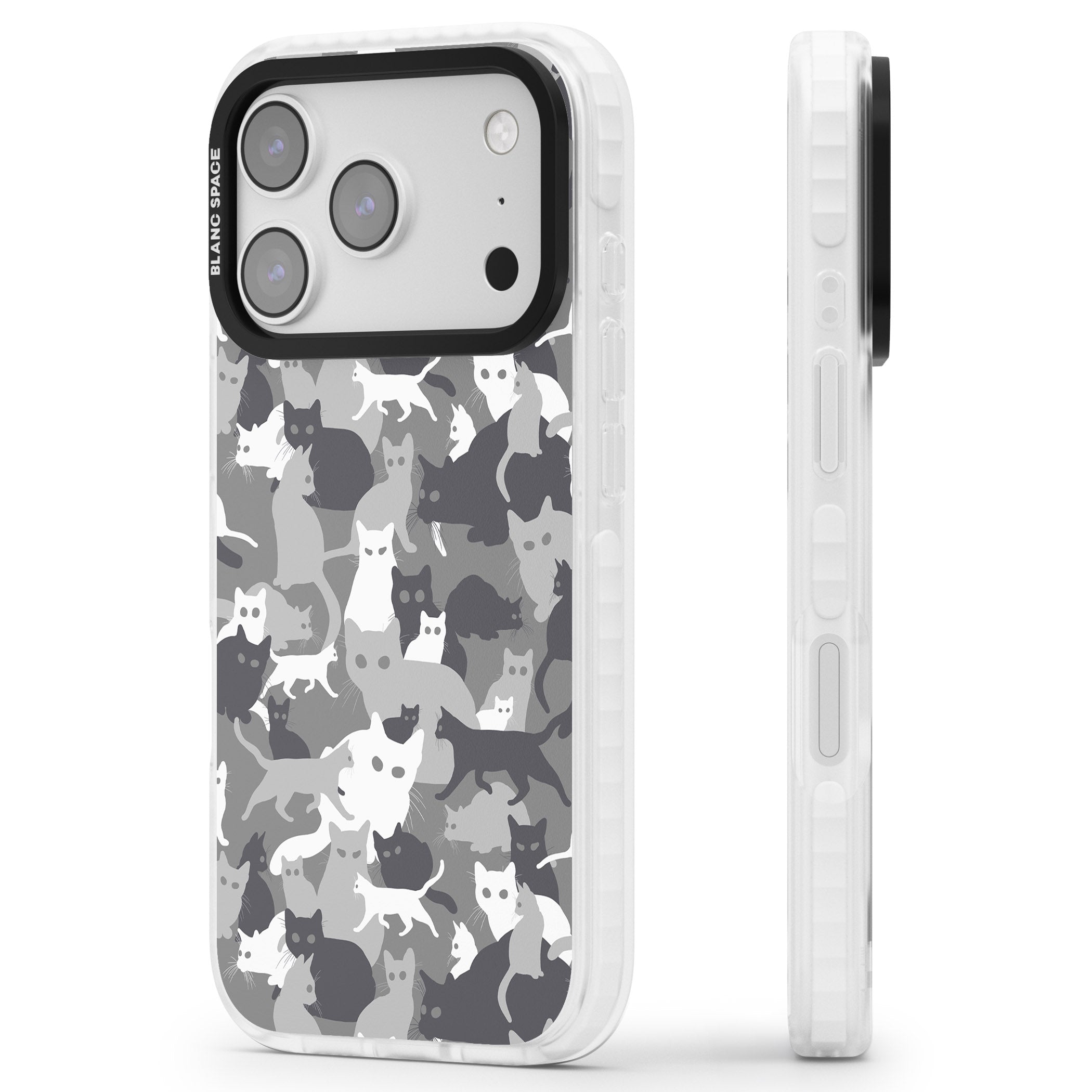 Dark Grey Cat Camouflage iPhone 17 Pro Impact Clear Phone Case Side Profile