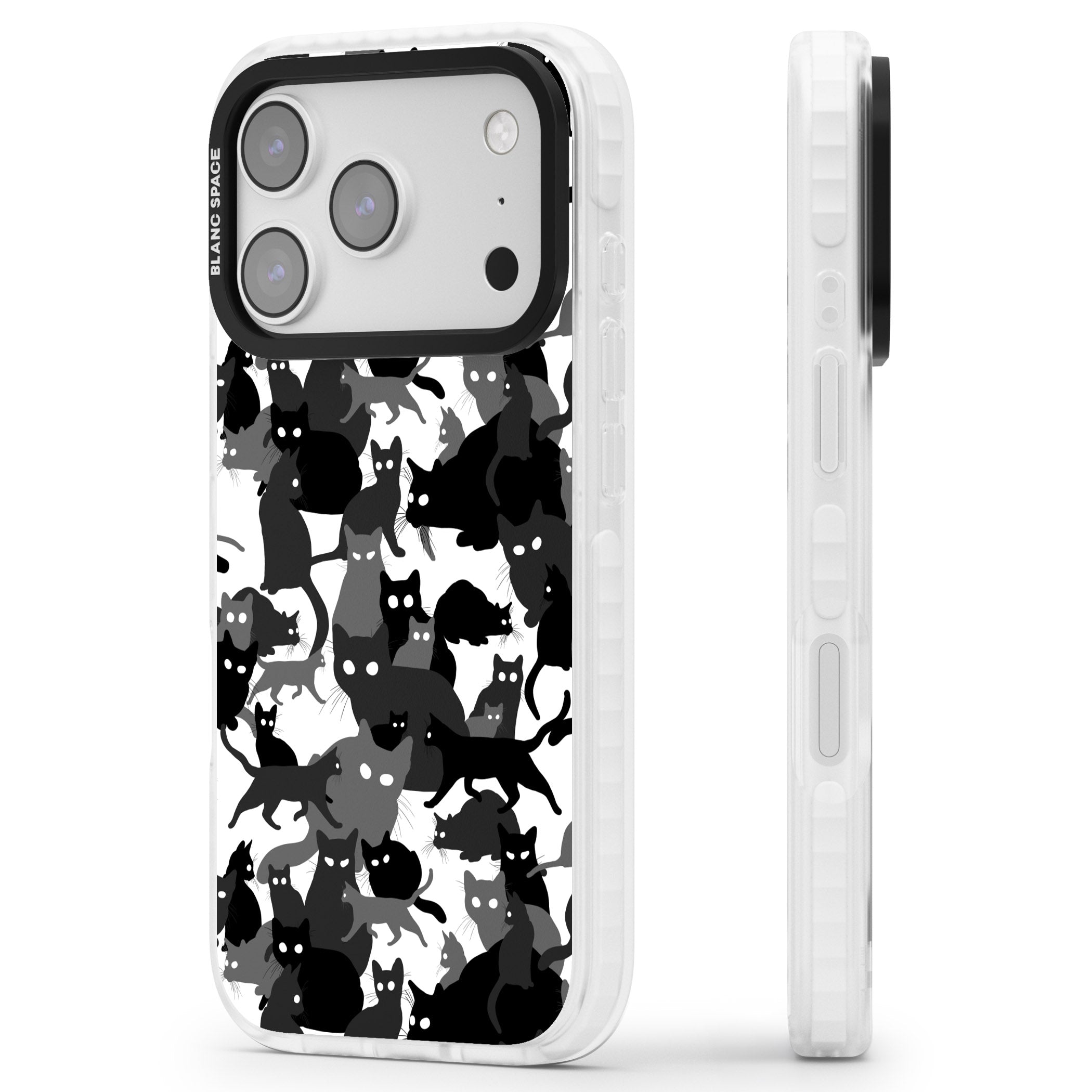 Black & White Cat Camouflage iPhone 17 Pro Impact Clear Phone Case Side Profile