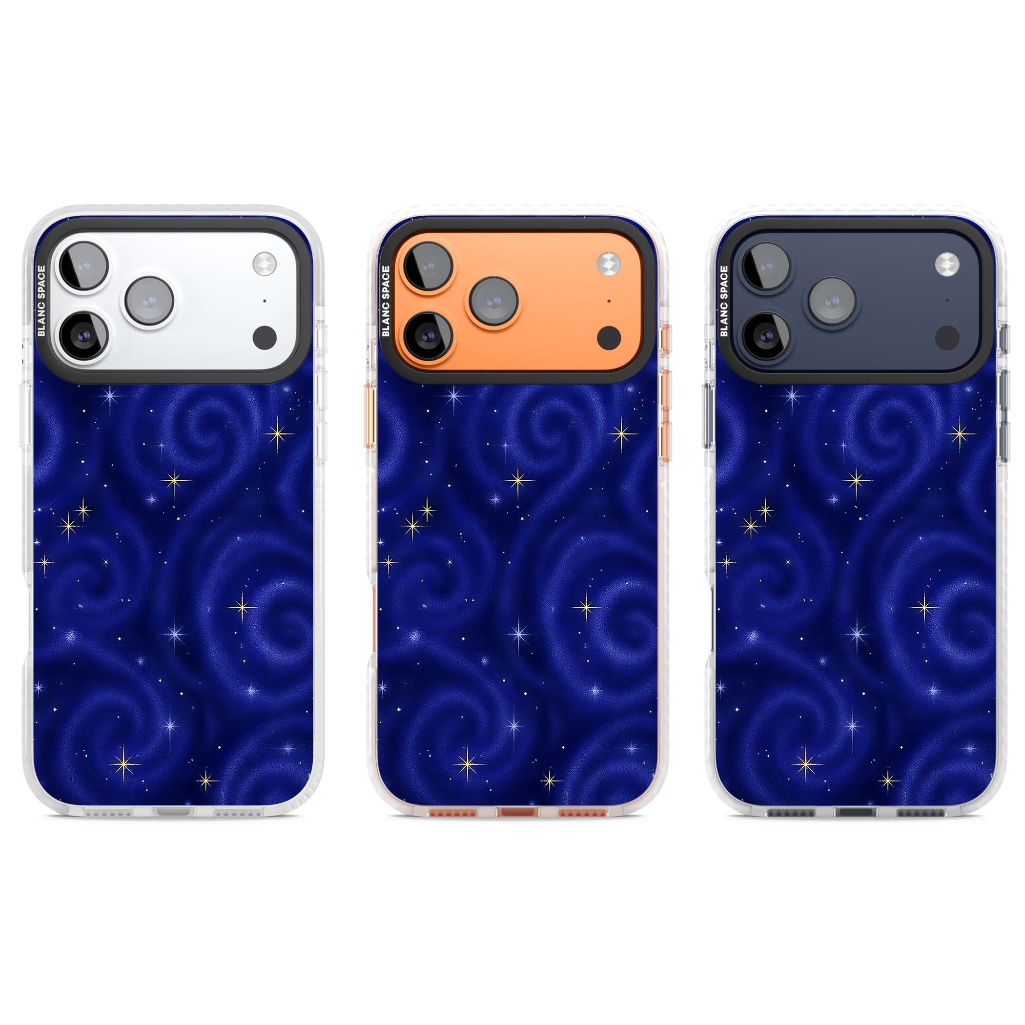Indigo Cosmos celestial iPhone case featuring swirling navy night sky and sparkling golden stars | Black Impact case for iPhone 17 Pro, iPhone 17 Pro Max