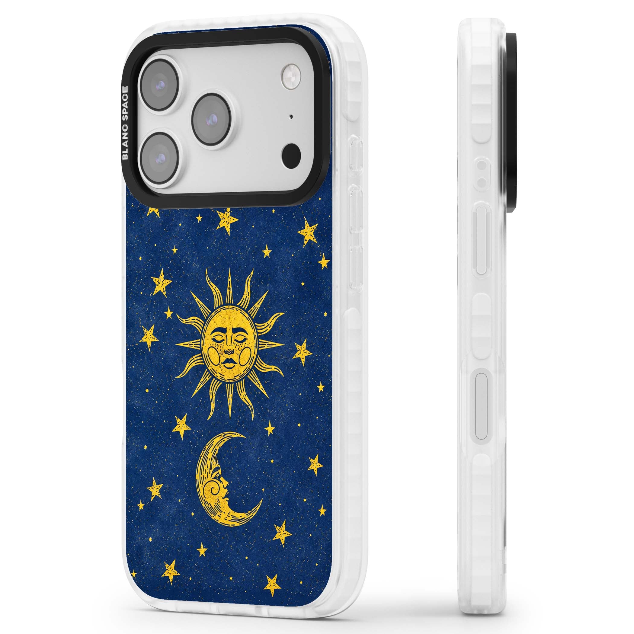 Sun & Moon Reverie celestial iPhone case featuring a vintage golden sun, crescent moon and scattered stars on midnight blue | Black Impact case for iPhone 17 Pro, iPhone 17 Pro Max