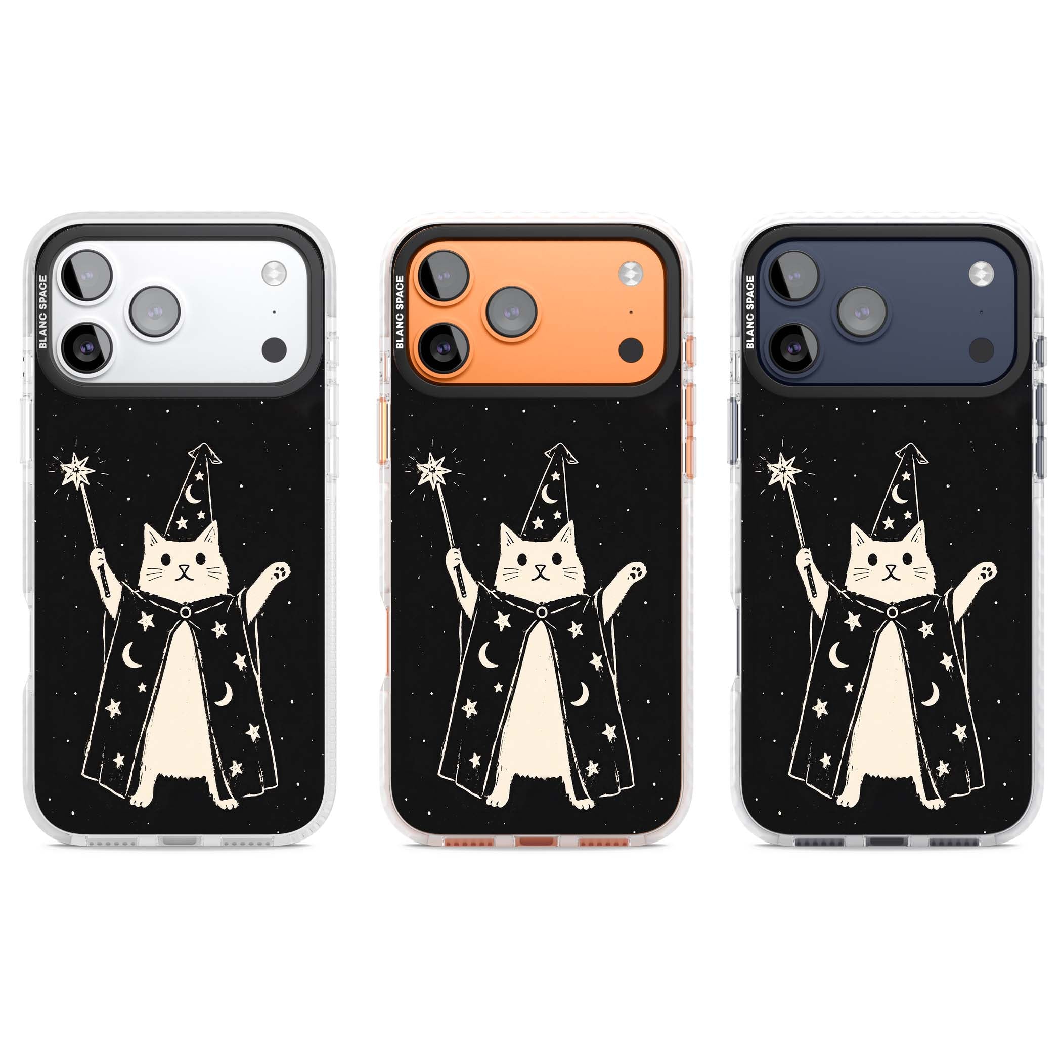 Whisker Wizard celestial cat iPhone case featuring a wizard cat with magic wand, starry night sky and crescent moons | Black Impact case for iPhone 17 Pro, iPhone 17 Pro Max