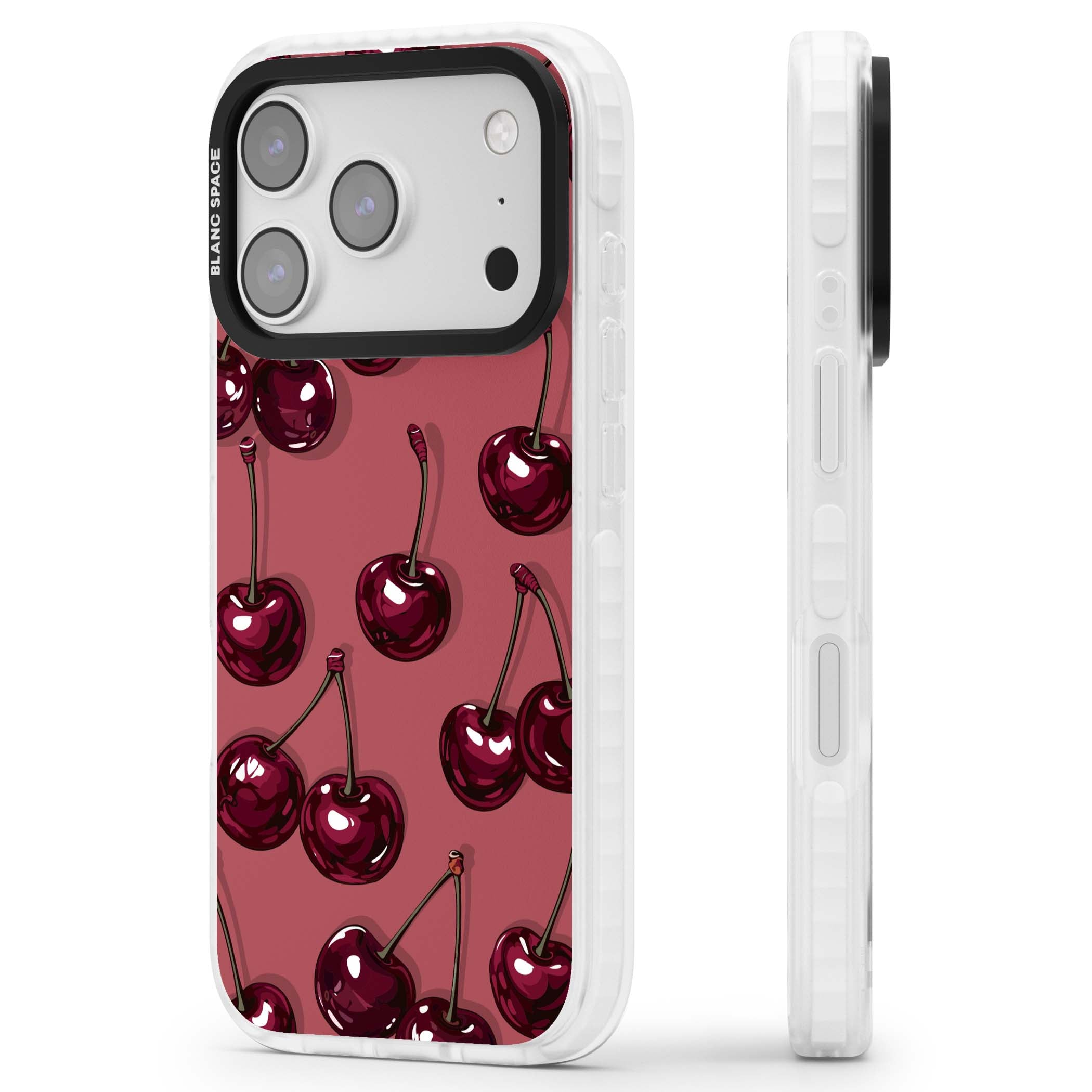 Cherry Rebel coquette iPhone case featuring glossy burgundy cherries on a dusty rose background | Black Impact case for iPhone 17 Pro, iPhone 17 Pro Max