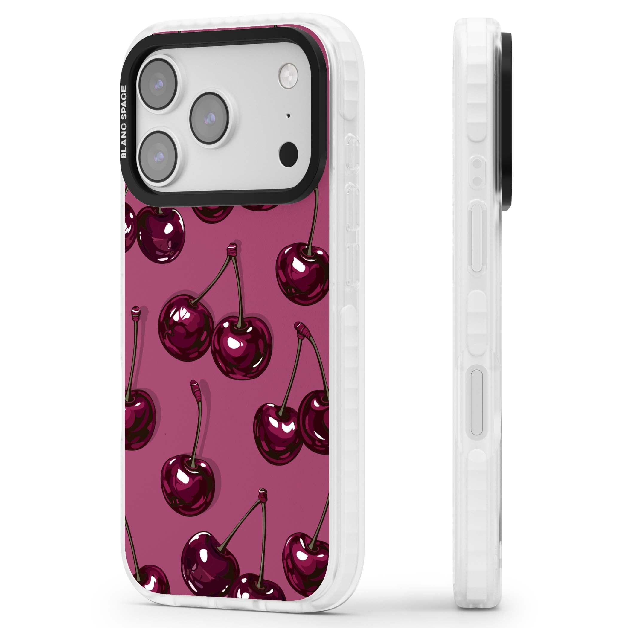 Cherry Soda coquette iPhone case featuring glossy burgundy cherries on a dusty pink background | Black Impact case for iPhone 17 Pro, iPhone 17 Pro Max