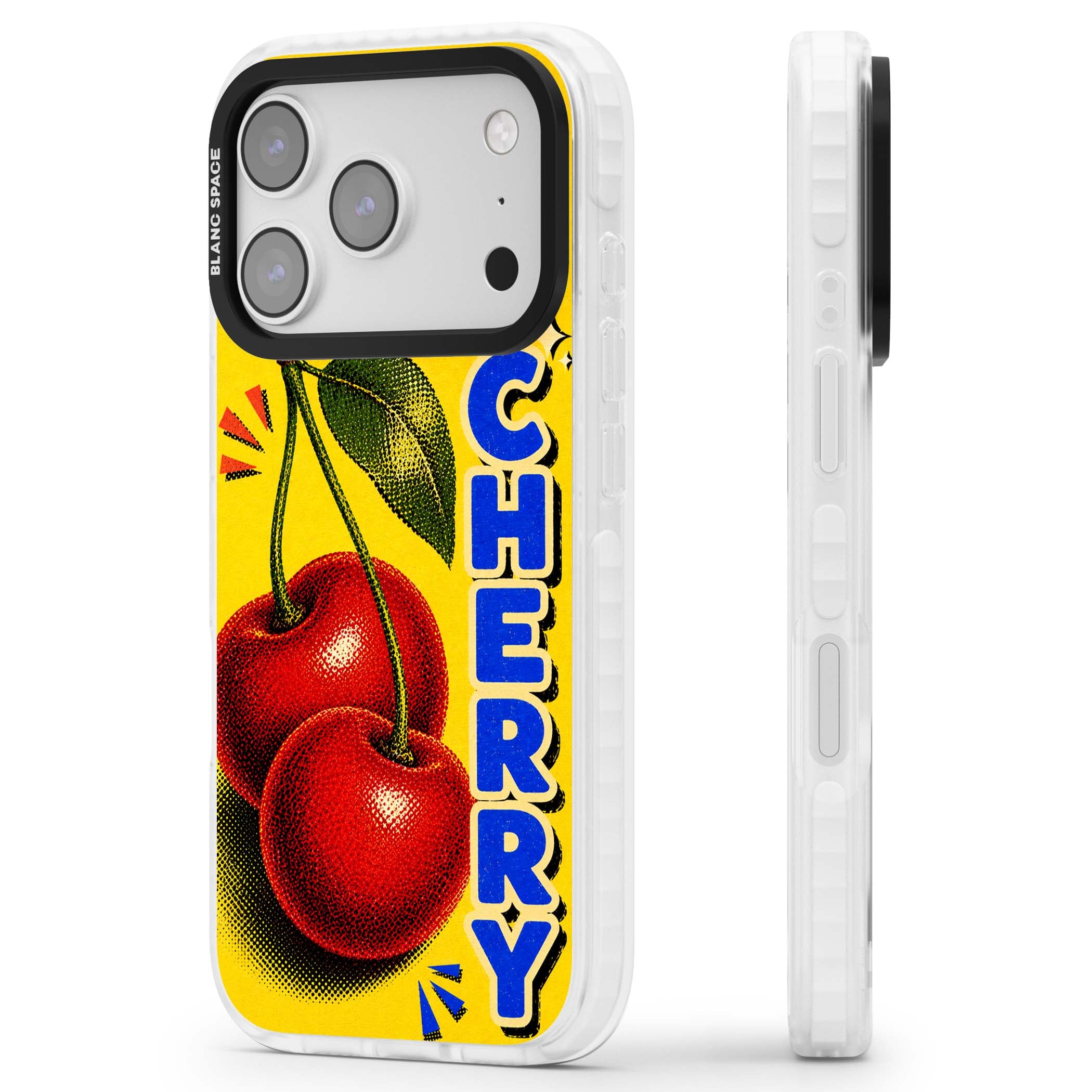 Cherry Yellow y2k iPhone case featuring two red cherries, halftone shading and bold blue CHERRY lettering on yellow | Black Impact case for iPhone 17 Pro, iPhone 17 Pro Max