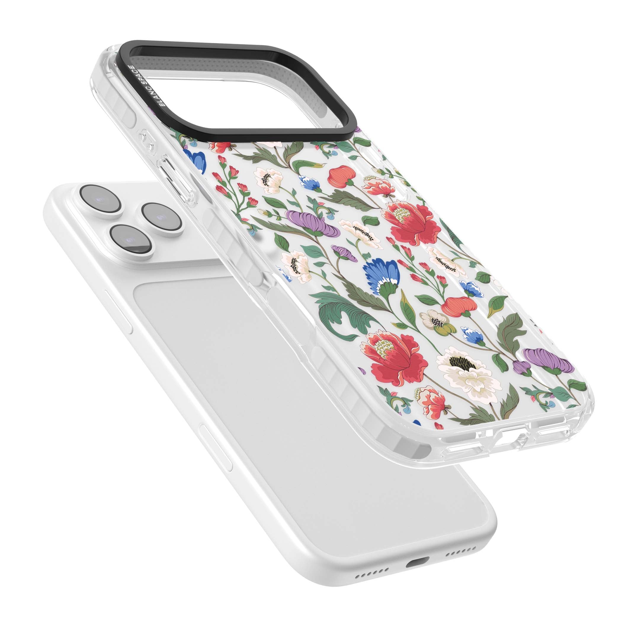Chinoiserie Bloom vintage floral iPhone case featuring hand-painted peonies, poppies and trailing wildflowers on clear... | Black Impact case for iPhone 17 Pro, iPhone 17 Pro Max