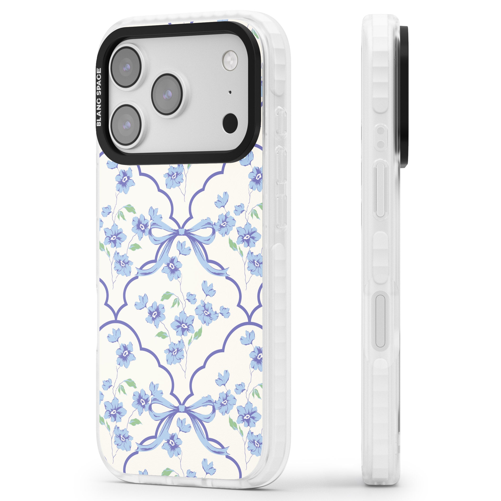 Blue Cottage Floral iPhone 17 Pro Max Impact Clear Phone Case Side Profile