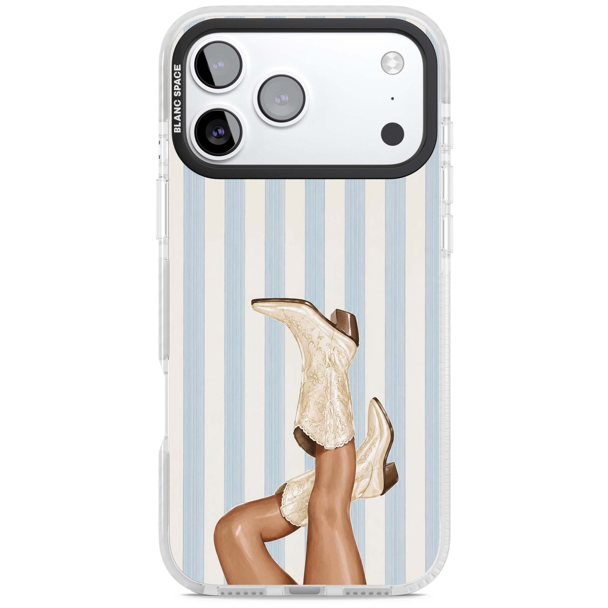 Cowgirl Boots coastal cowgirl iPhone case featuring embroidered western boots, tanned legs and a blue stripe backdrop | Black Impact case for iPhone 17 Pro, iPhone 17 Pro Max