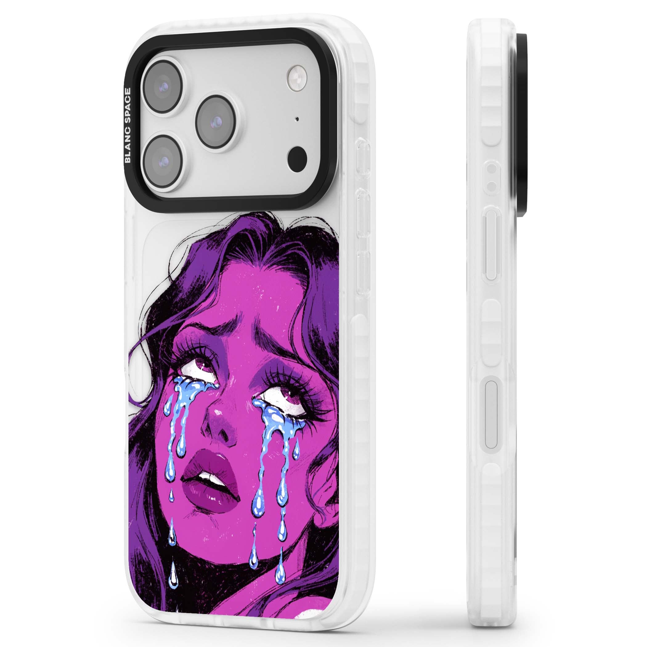 Drama Queen pop art iPhone case featuring a purple crying comic girl with blue tears | Black Impact case for iPhone 17 Pro, iPhone 17 Pro Max