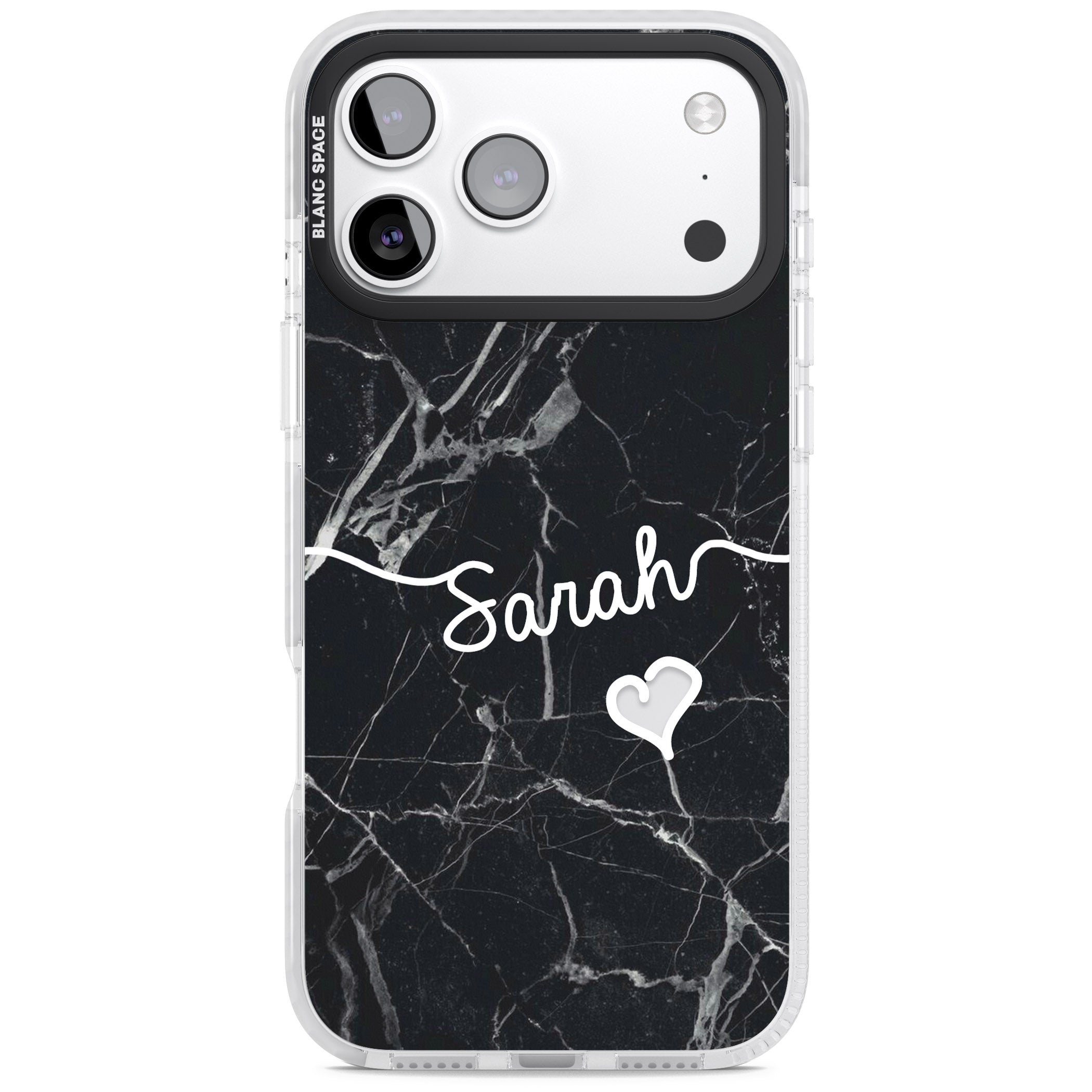 Personalised Black Marble Heart iPhone 17 Pro Impact Clear Phone Case