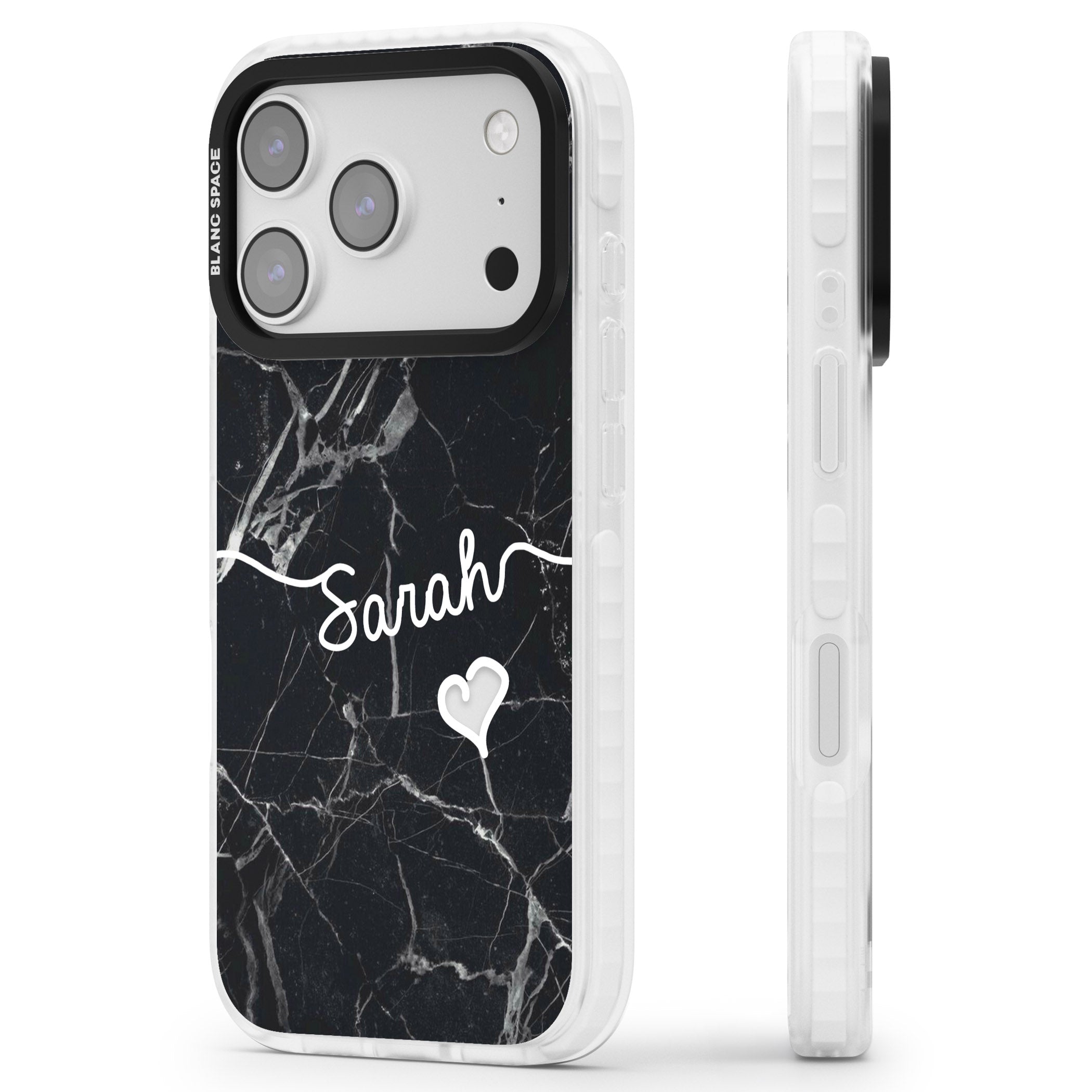 Personalised Black Marble Heart iPhone 17 Pro Impact Clear Phone Case Side Profile