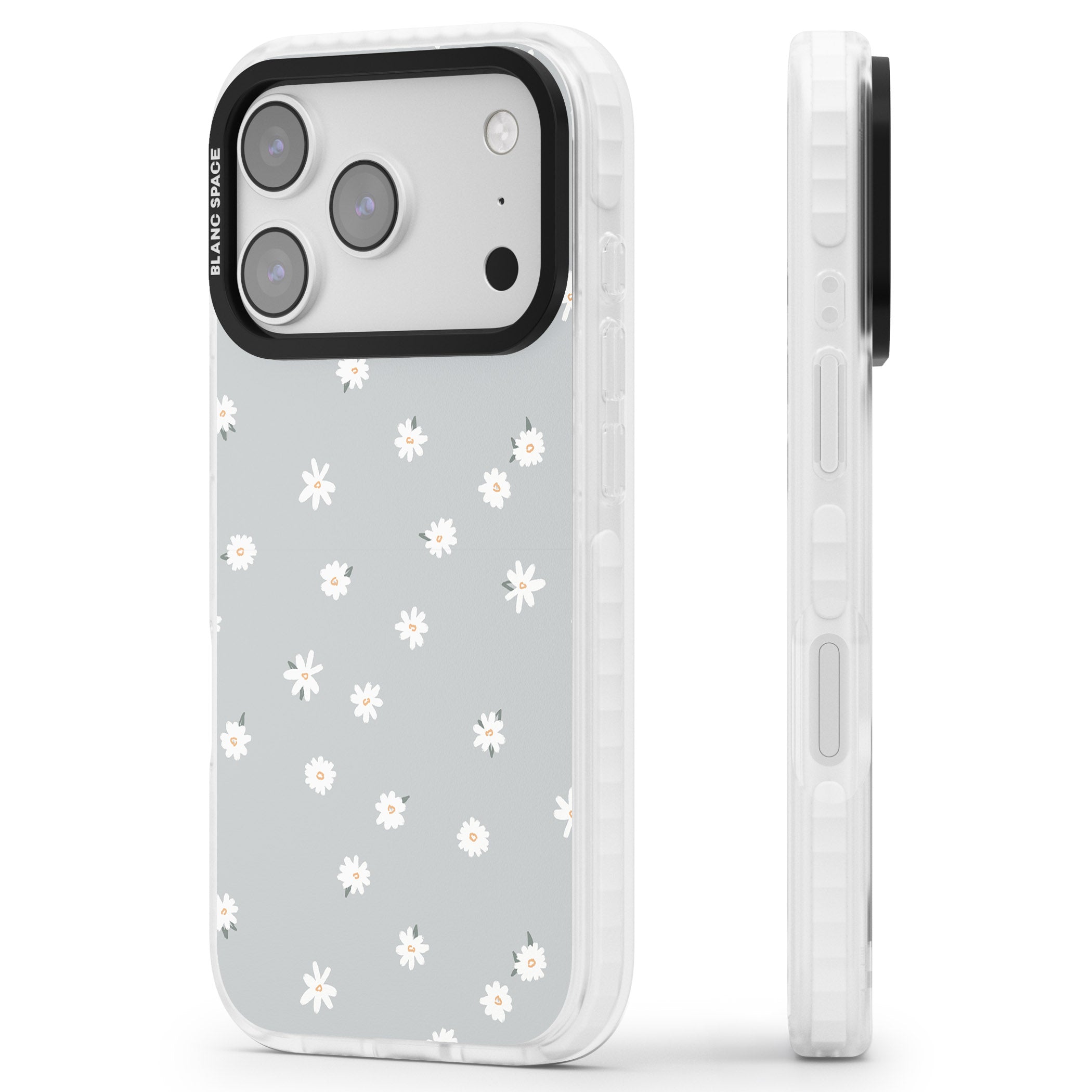 Painted Daisy Blue Grey iPhone 17 Pro Impact Clear Phone Case Side Profile
