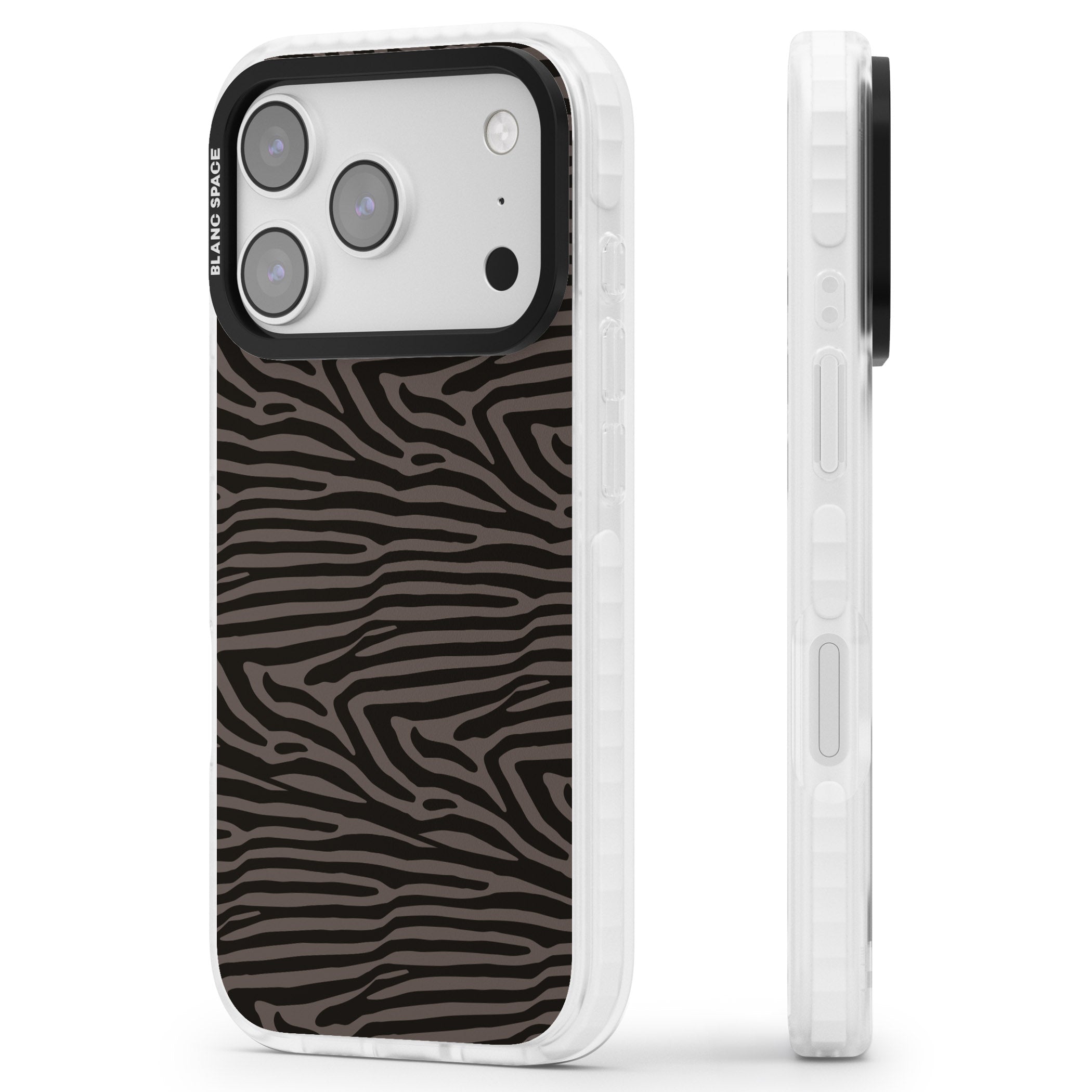 Dark Zebra Print iPhone 17 Pro Impact Clear Phone Case Side Profile