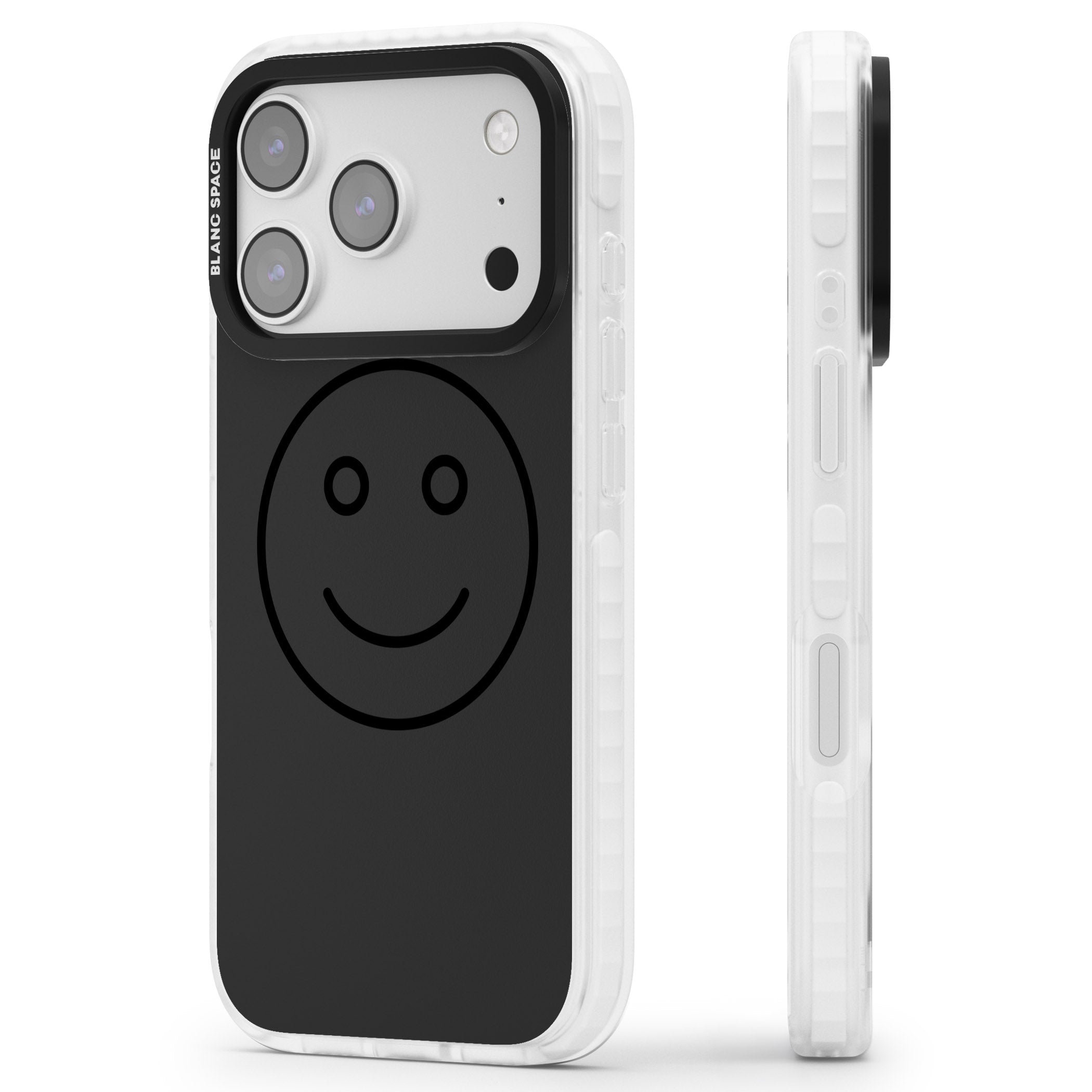 Dark Smiley Face iPhone 17 Pro Impact Clear Phone Case Side Profile