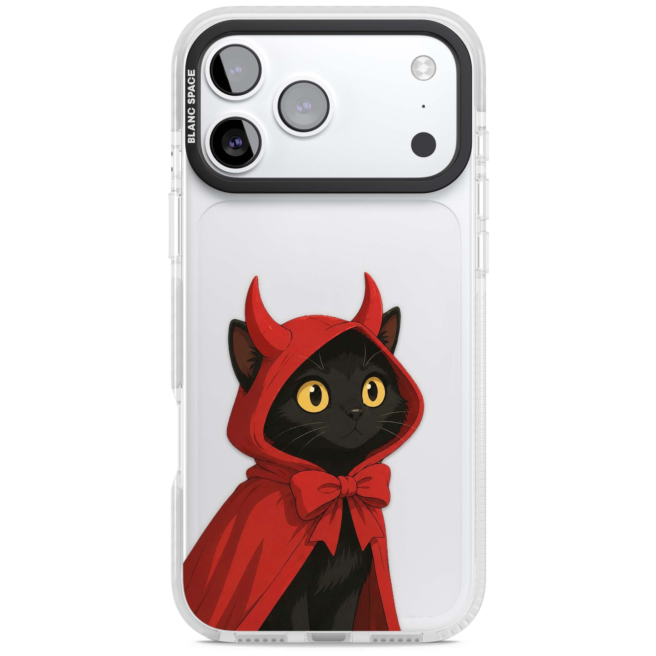 Little Devil halloween iPhone case featuring a black cat in a red hooded devil cloak with horns and golden eyes | Black Impact case for iPhone 17 Pro, iPhone 17 Pro Max