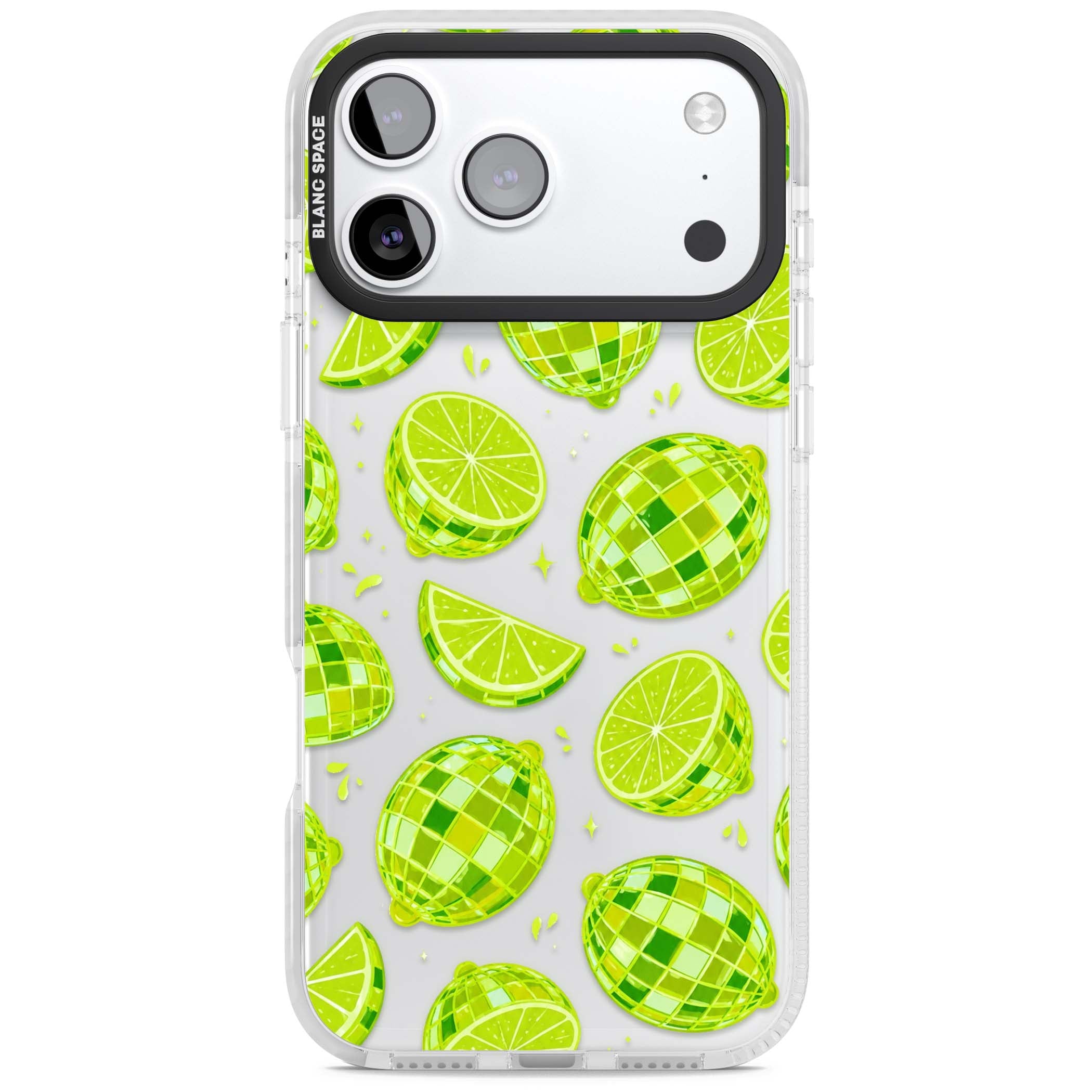 Disco Limes fruit aesthetic iPhone case featuring green disco balls, lime slices and citrus sparkles | Black Impact case for iPhone 17 Pro, iPhone 17 Pro Max