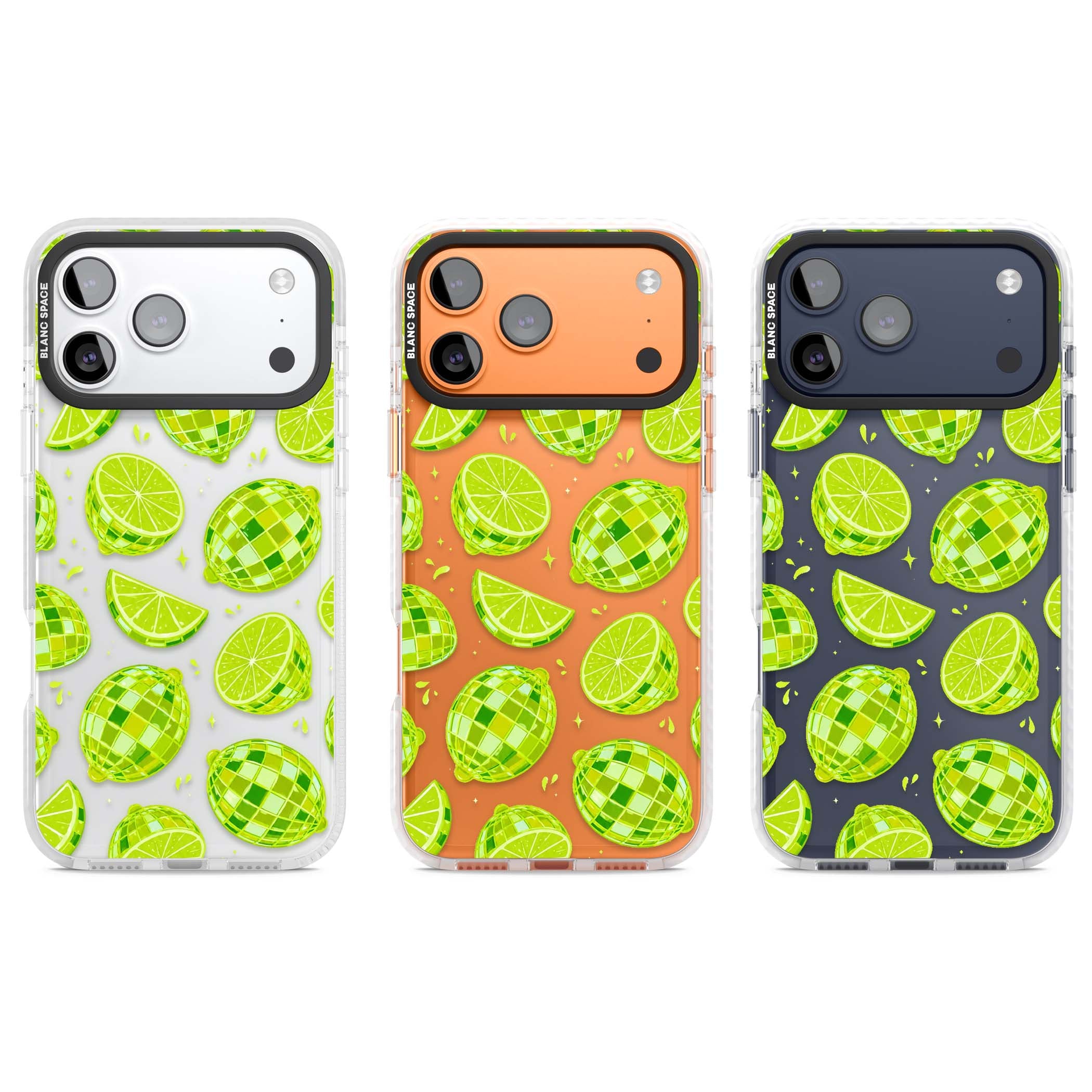 Disco Limes fruit aesthetic iPhone case featuring green disco balls, lime slices and citrus sparkles | Black Impact case for iPhone 17 Pro, iPhone 17 Pro Max