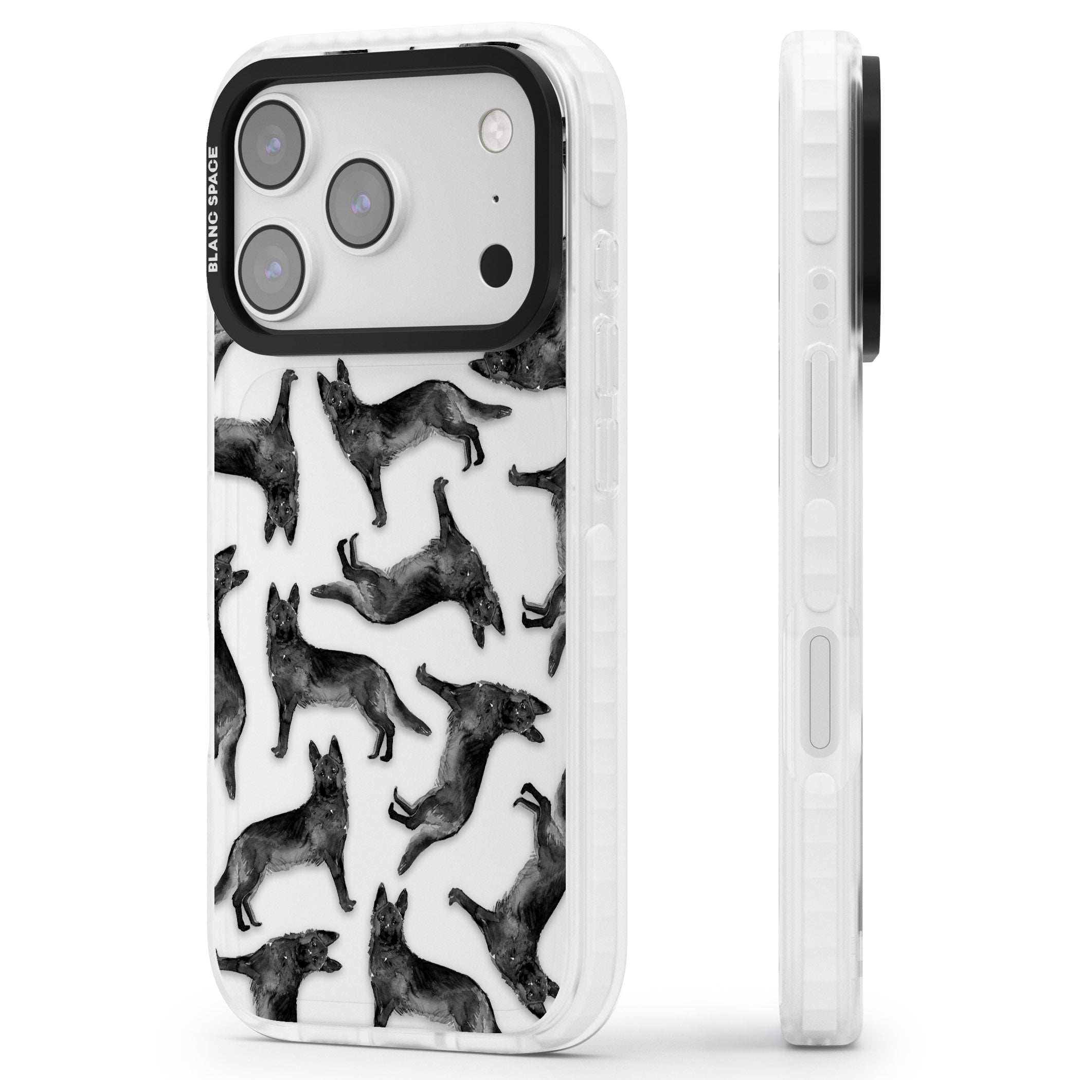 German Shepherd Pattern Black iPhone 17 Pro Impact Clear Phone Case Side Profile