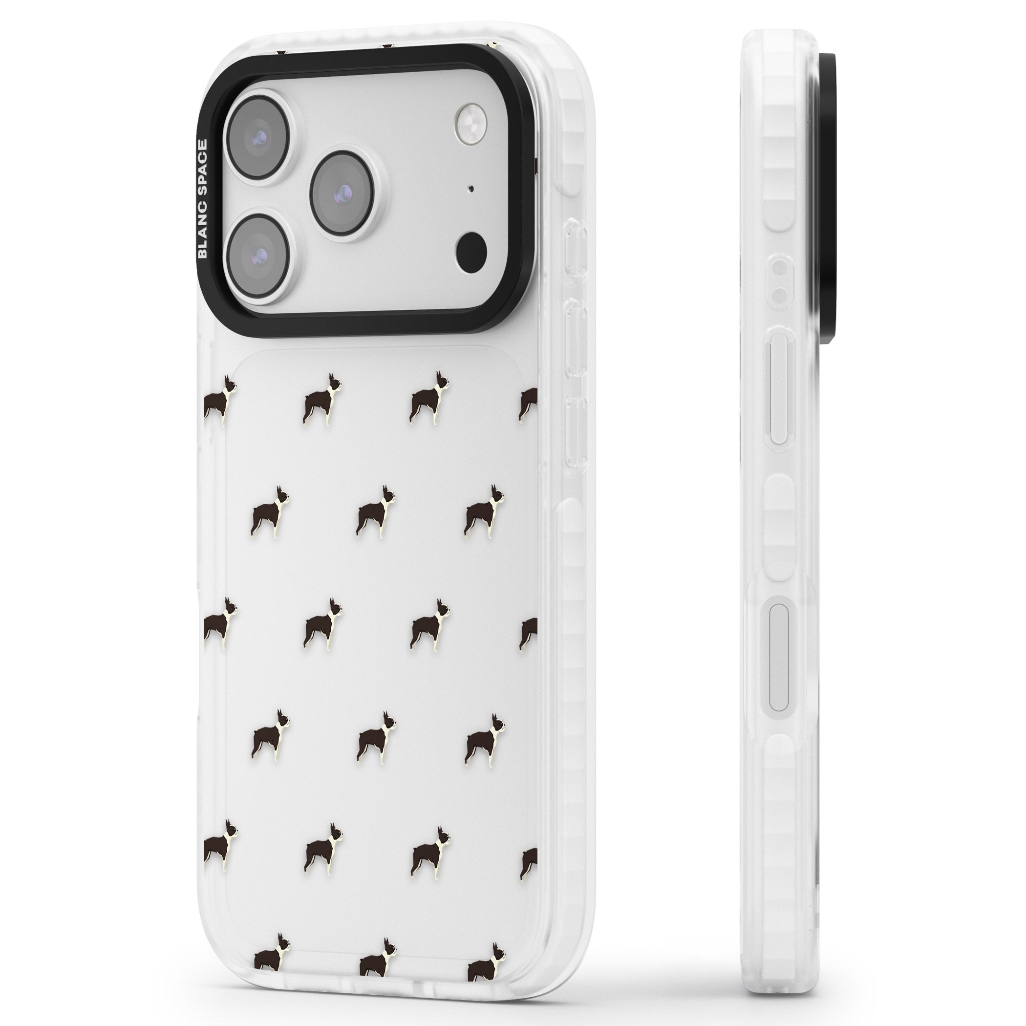 Boston Terrier Pattern iPhone 17 Pro Impact Clear Phone Case Side Profile