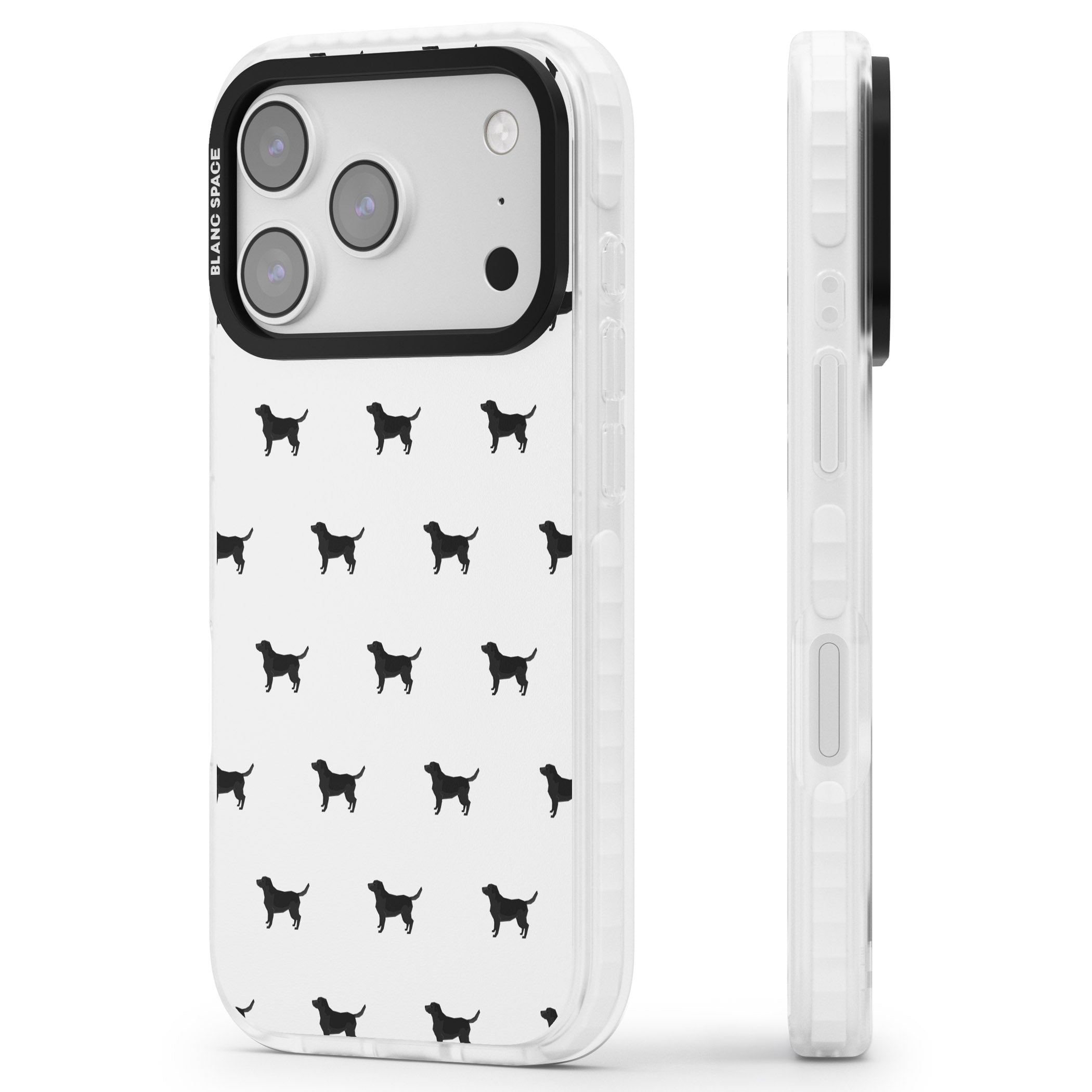 Black Labrador Spot Pattern iPhone 17 Pro Impact Clear Phone Case Side Profile