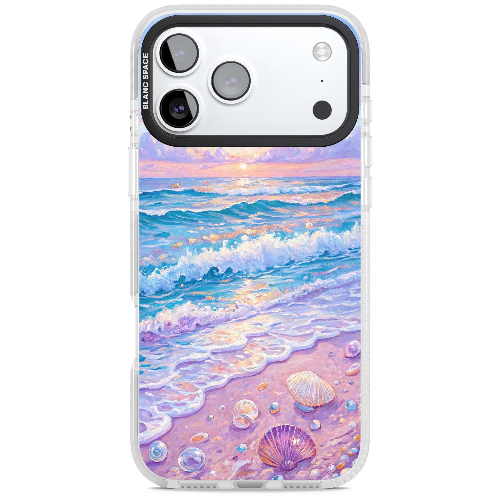 Pearl Shore coastal iPhone case featuring pastel painted waves, seashells, and a sunrise sky over a lavender beach. | Black Impact case for iPhone 17 Pro, iPhone 17 Pro Max