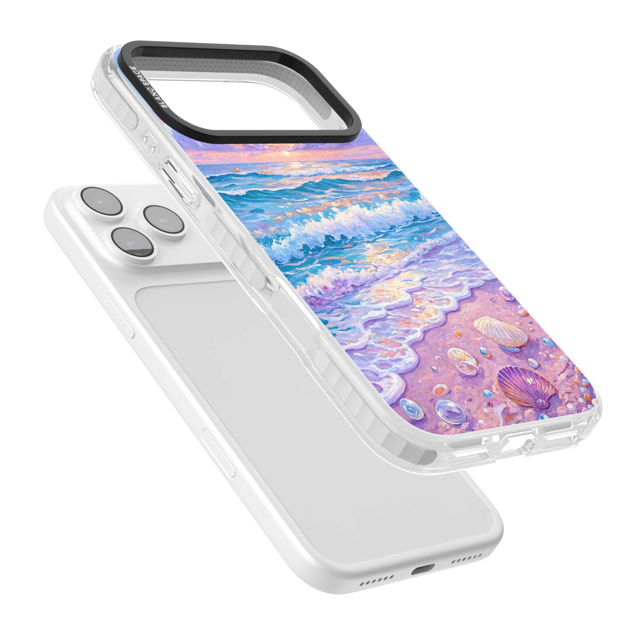 Pearl Shore coastal iPhone case featuring pastel painted waves, seashells, and a sunrise sky over a lavender beach. | Black Impact case for iPhone 17 Pro, iPhone 17 Pro Max
