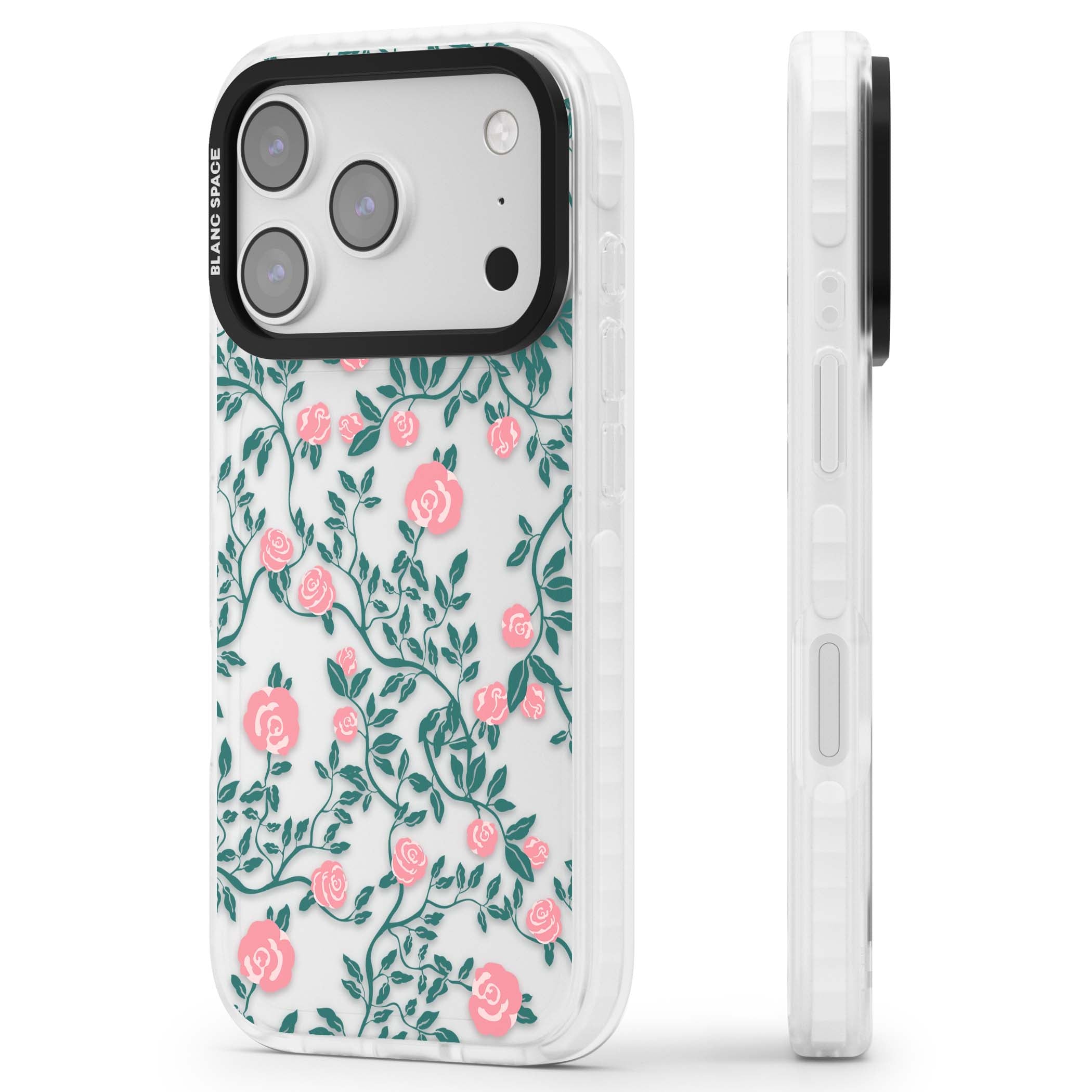 Rose Trellis (Clear) cottagecore iPhone case featuring pink climbing roses and green leaves on clear background | Black Impact case for iPhone 17 Pro, iPhone 17 Pro Max