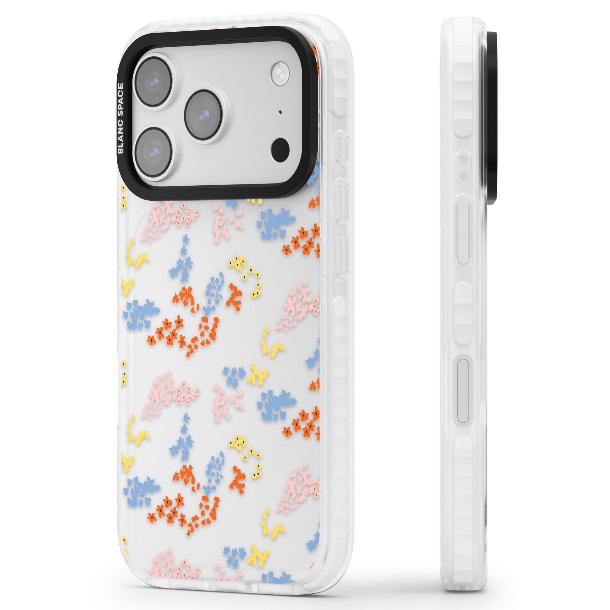 Floral Confetti: Transparent Delight iPhone 17 Pro Impact Clear Phone Case Side Profile