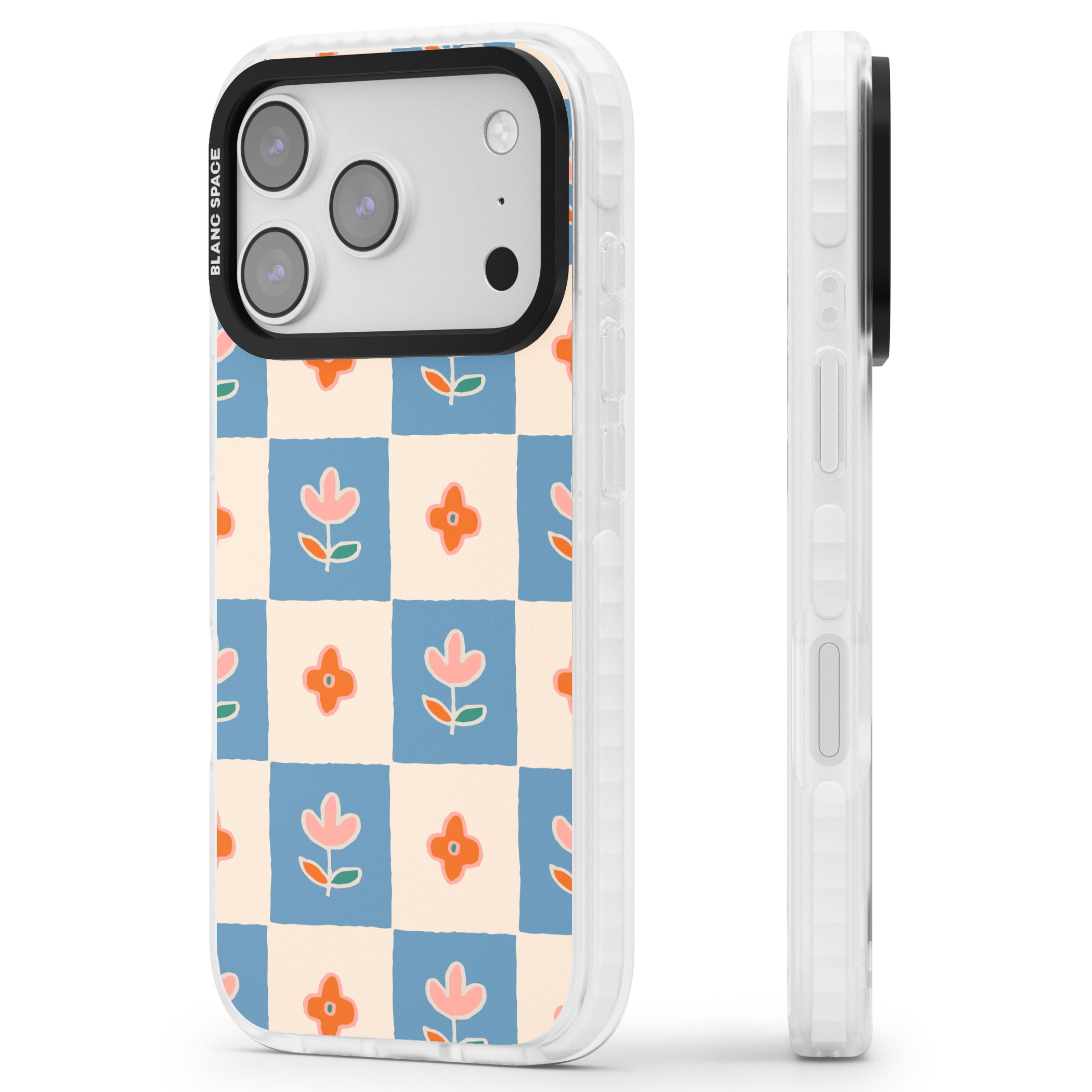 Vintage Bloom Checkered iPhone 17 Pro Impact Clear Phone Case Side Profile
