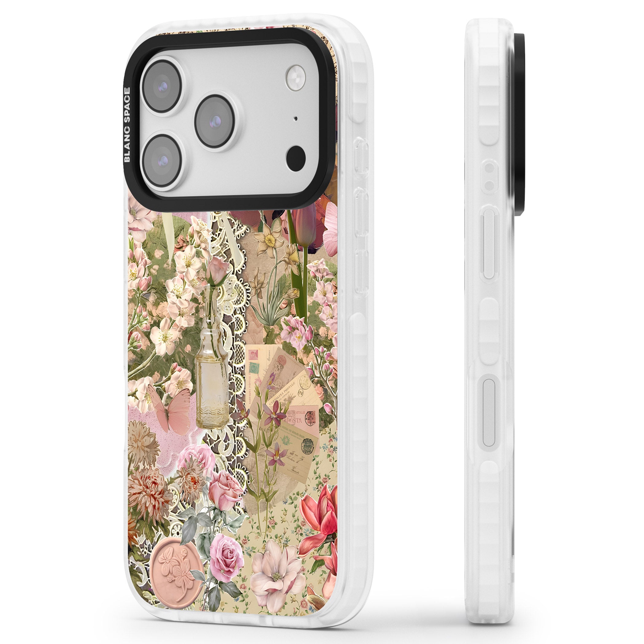 Soft Pink Flower Collage iPhone 17 Pro Impact Clear Phone Case Side Profile