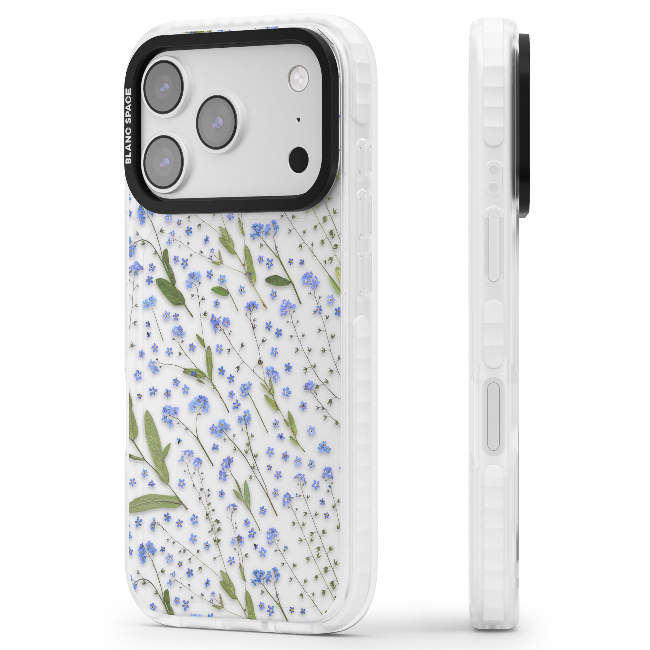 Blue Meadow Floral iPhone 17 Pro Impact Clear Phone Case Side Profile