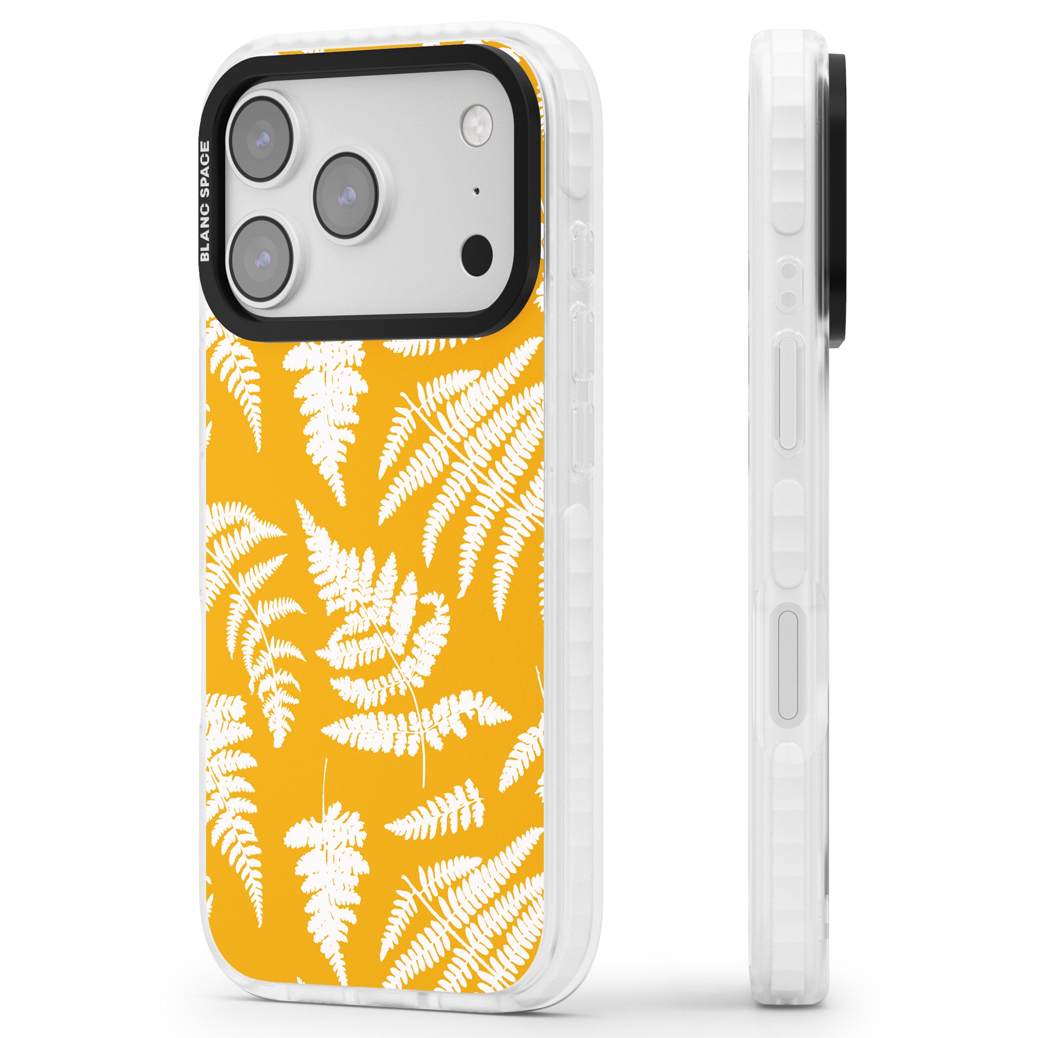 Fern Pattern On Yellow iPhone 17 Pro Impact Clear Phone Case Side Profile
