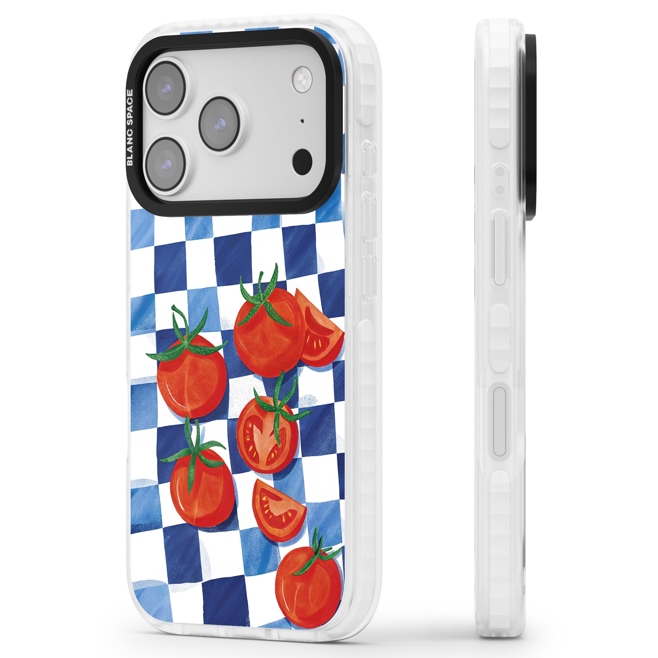 Blue Picnic Blanket & Tomatoes iPhone 17 Pro Impact Clear Phone Case Side Profile