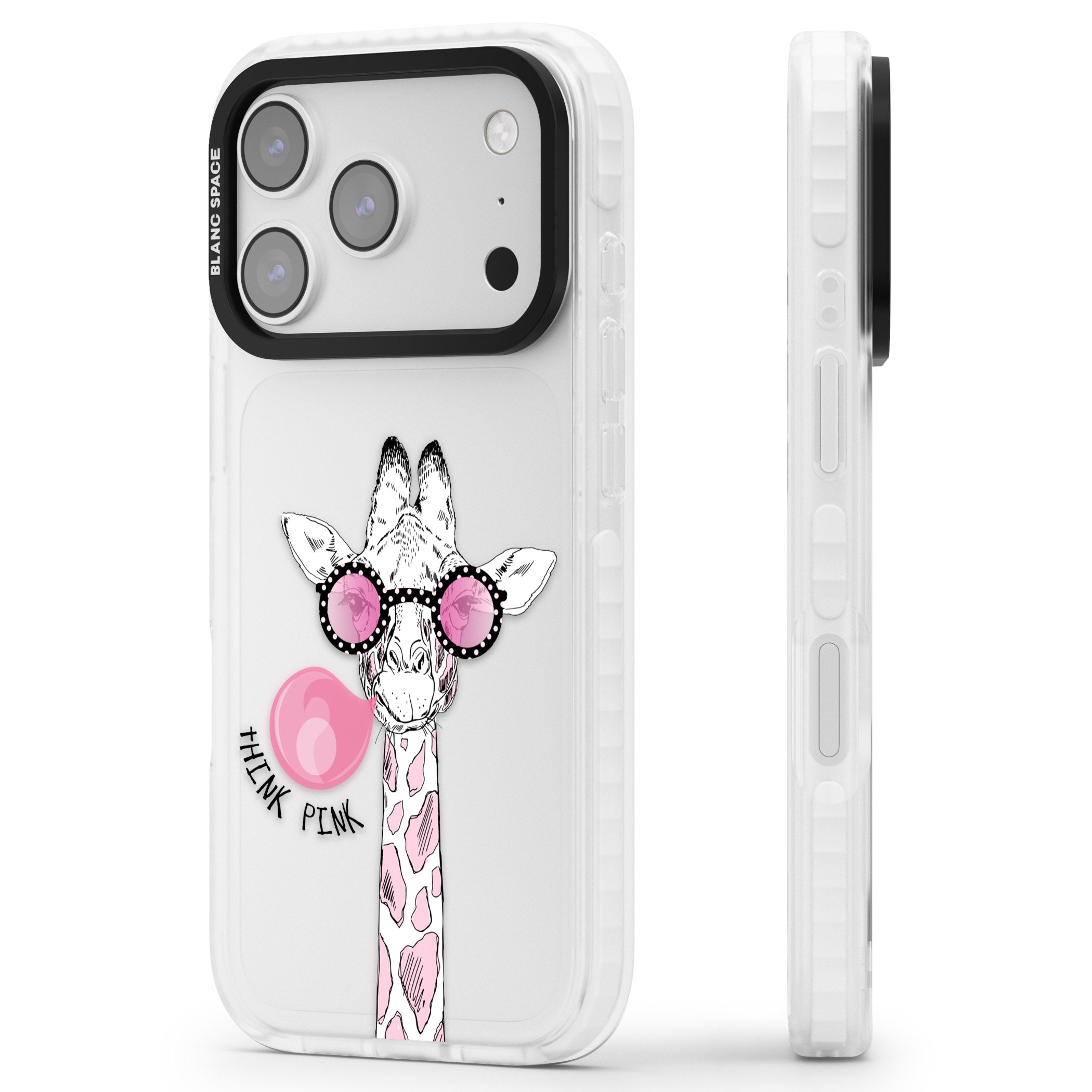 Think Pink Giraffe iPhone 17 Pro Impact Clear Phone Case Side Profile
