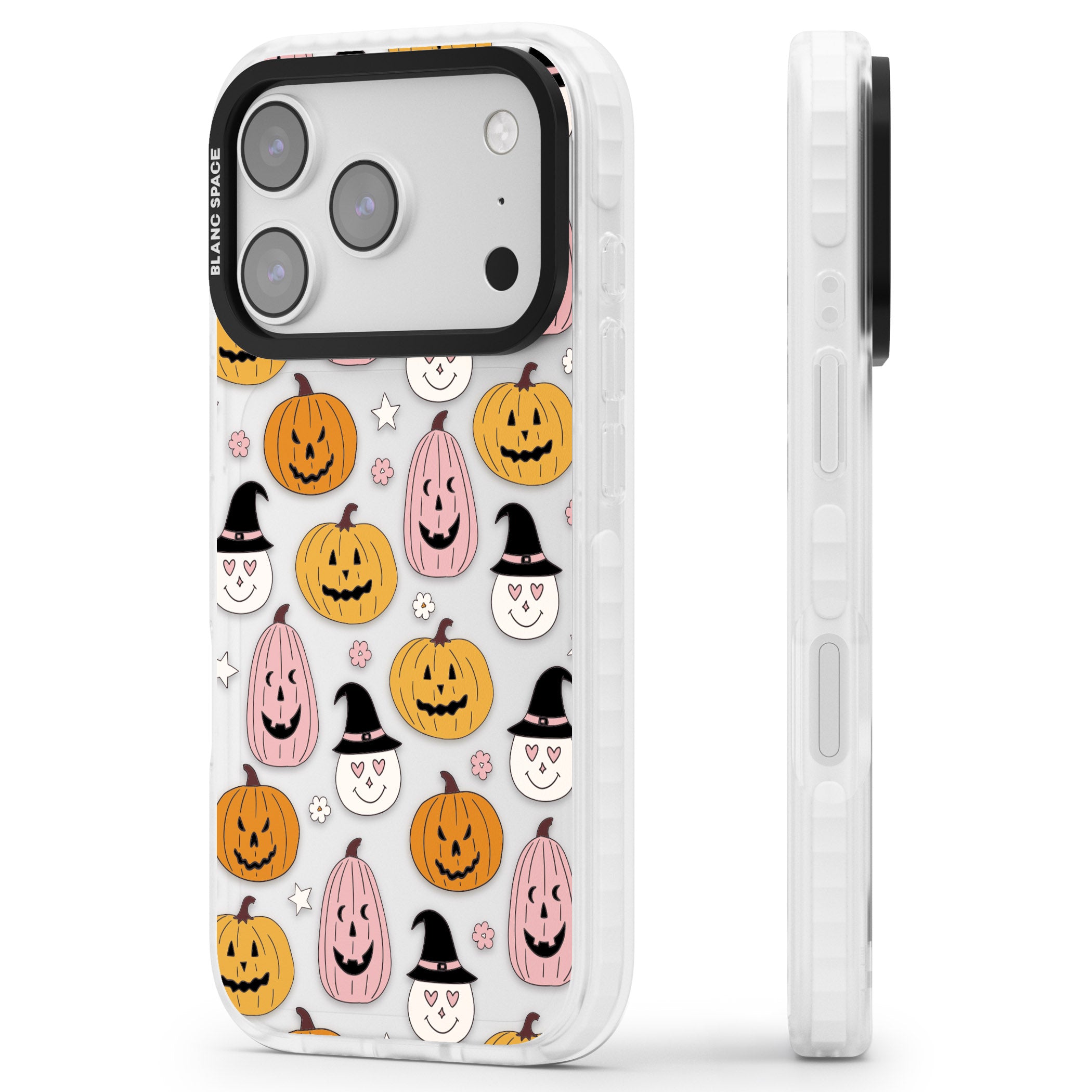 Witches And Pumpkins Pattern iPhone 17 Pro Impact Clear Phone Case Side Profile