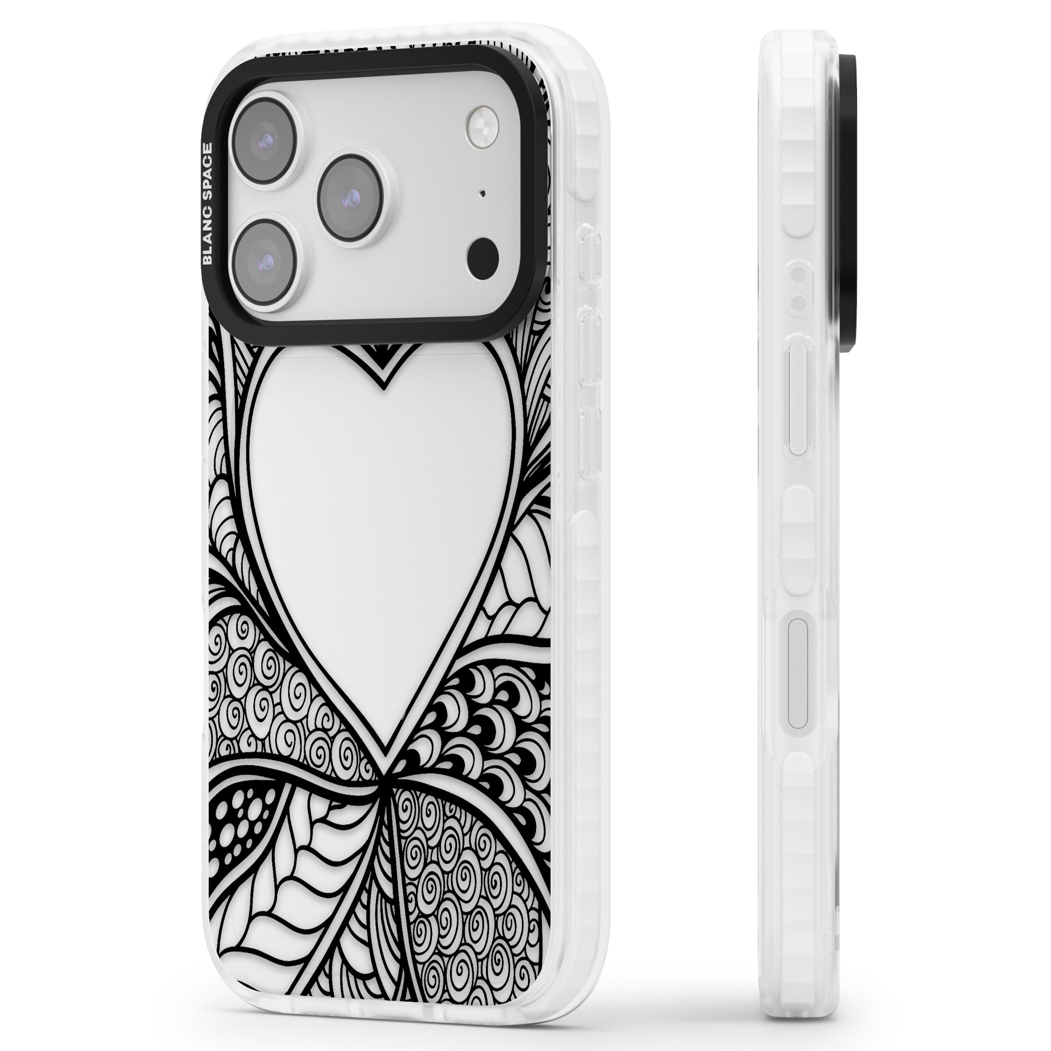 Black Henna Heart iPhone 17 Pro Impact Clear Phone Case Side Profile