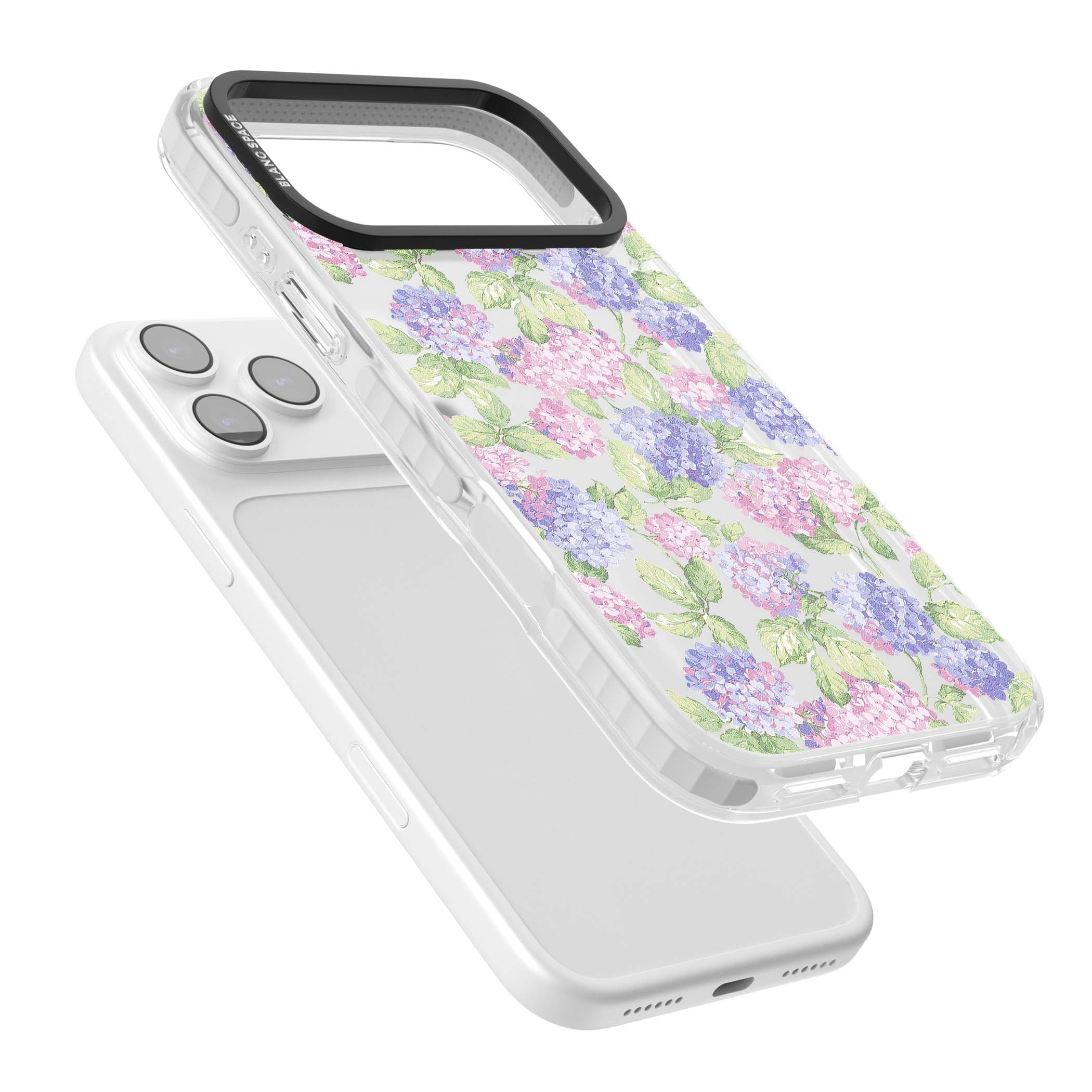Cottage Hydrangea cottagecore iPhone case featuring pink and purple hydrangea blooms with green leaves on a clear background | Black Impact case for iPhone 17 Pro, iPhone 17 Pro Max