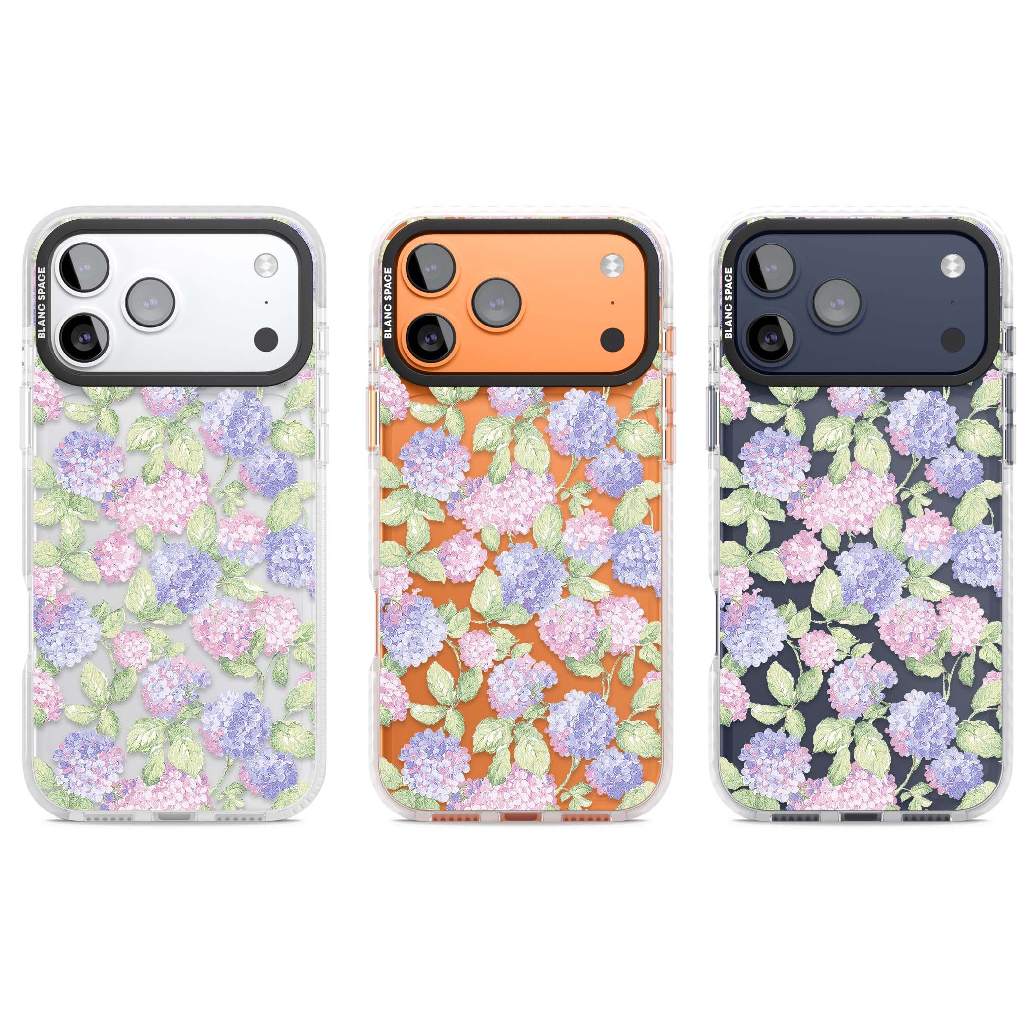 Cottage Hydrangea cottagecore iPhone case featuring pink and purple hydrangea blooms with green leaves on a clear background | Black Impact case for iPhone 17 Pro, iPhone 17 Pro Max