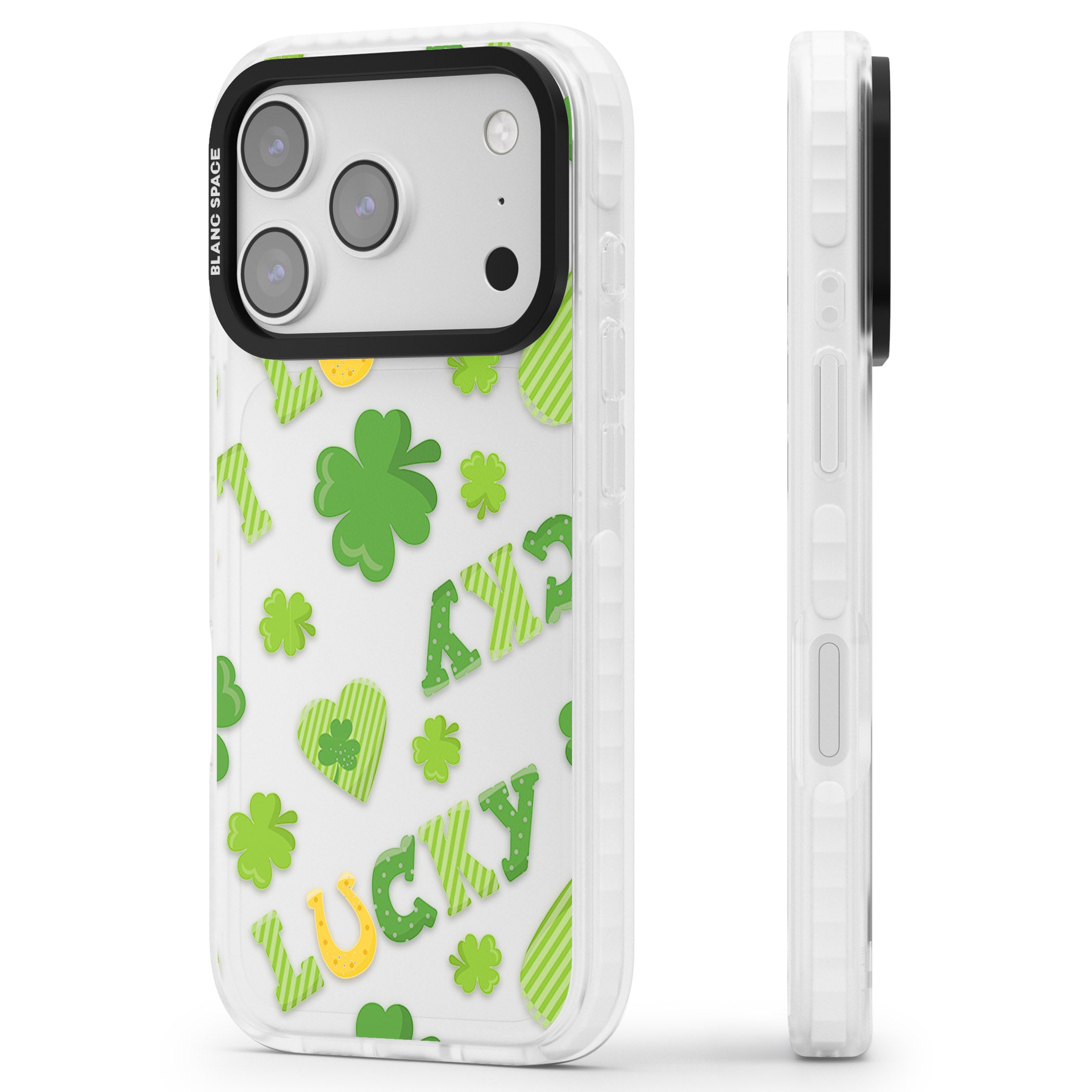 Lucky Irish Clover iPhone 17 Pro Impact Clear Phone Case Side Profile