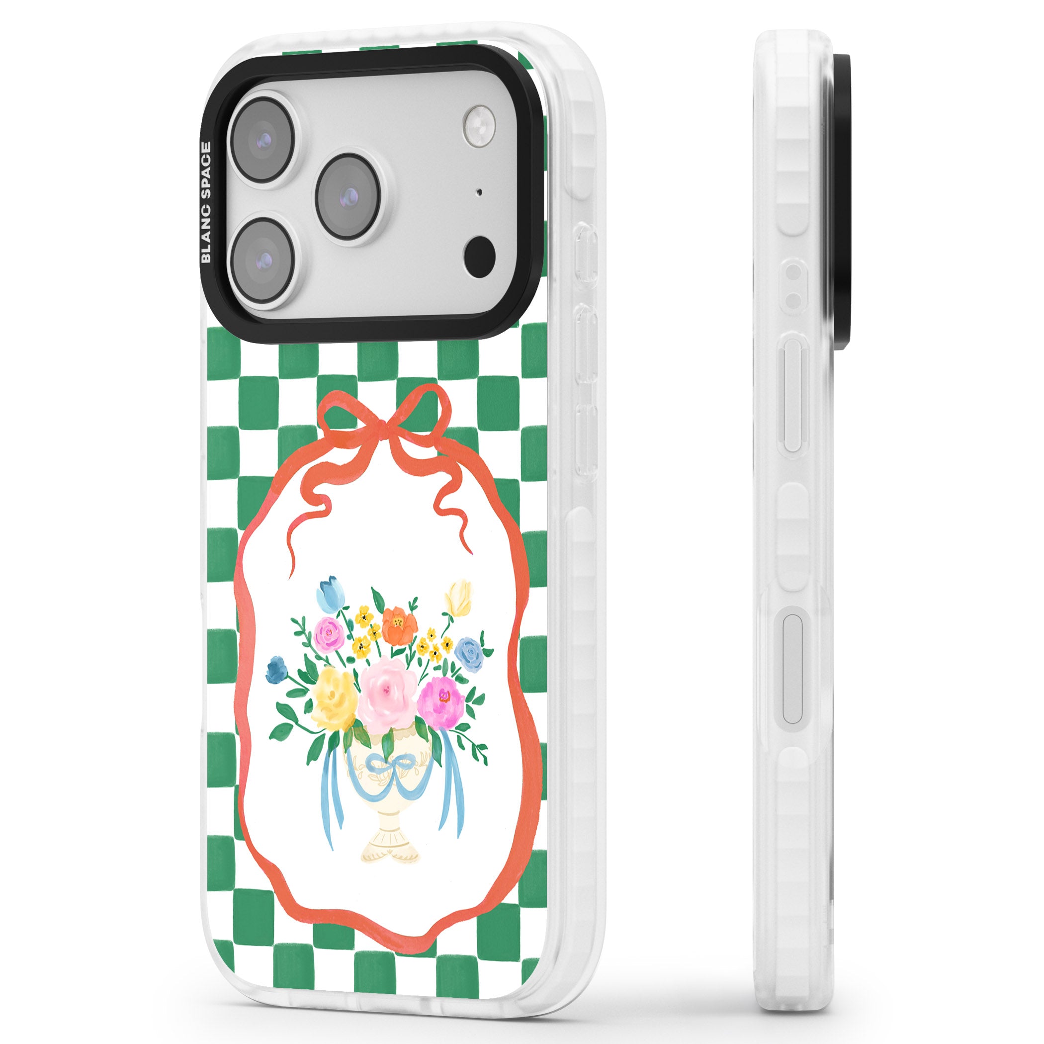 Green Checked Bouquet iPhone 17 Pro Impact Clear Phone Case Side Profile