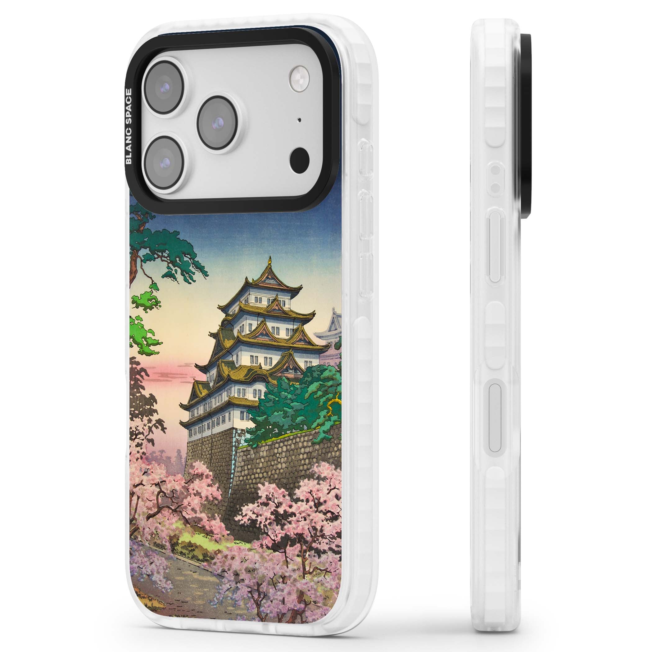 Nagoya Castle Japanese iPhone case featuring a vintage pagoda, twilight sky and cherry blossom trees | Black Impact case for iPhone 17 Pro, iPhone 17 Pro Max