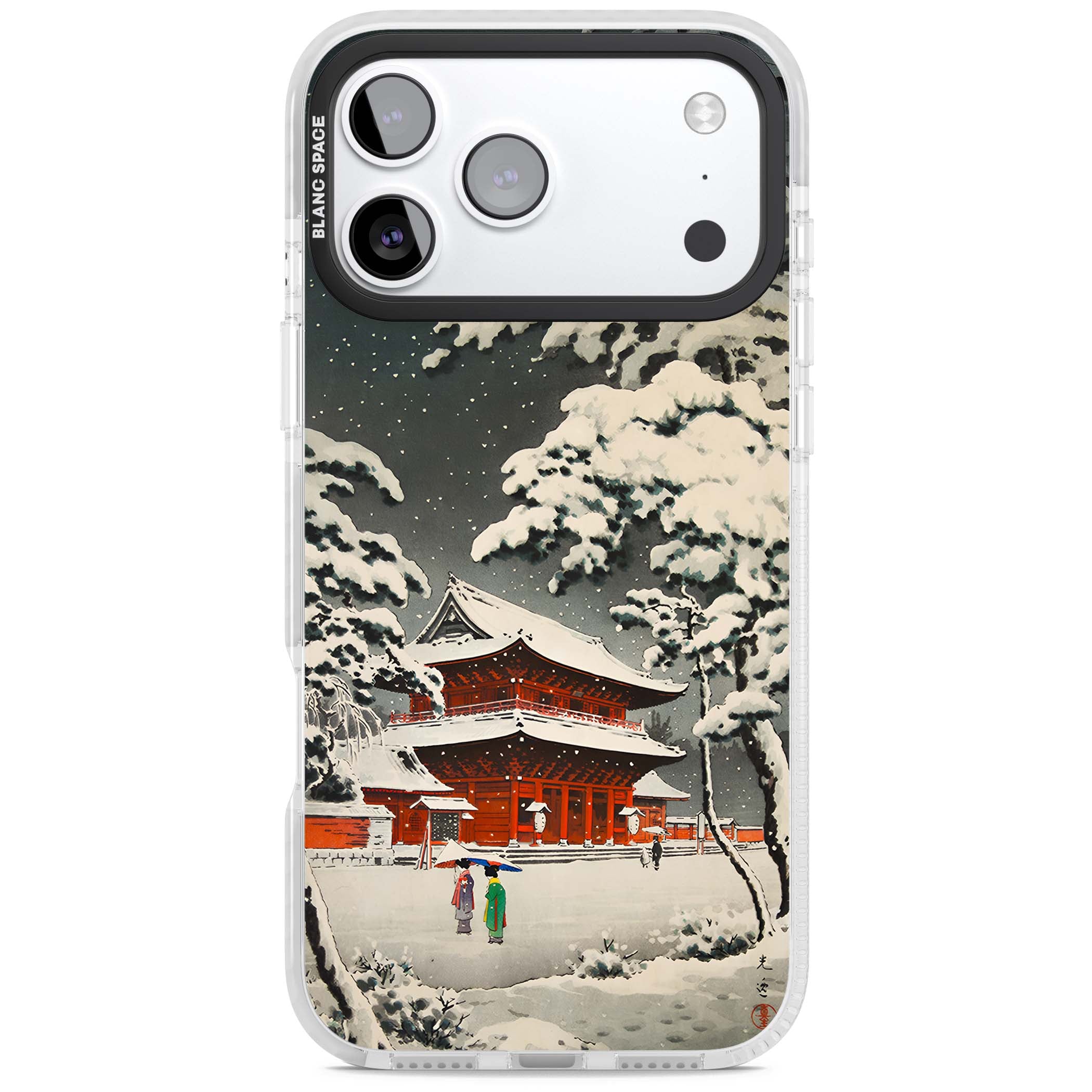 Snow at Shiha Park, Tokyo Japanese art iPhone case featuring a vintage ukiyo-e snowy temple, red pagoda, and snow-covered pin | Black Impact case for iPhone 17 Pro, iPhone 17 Pro Max