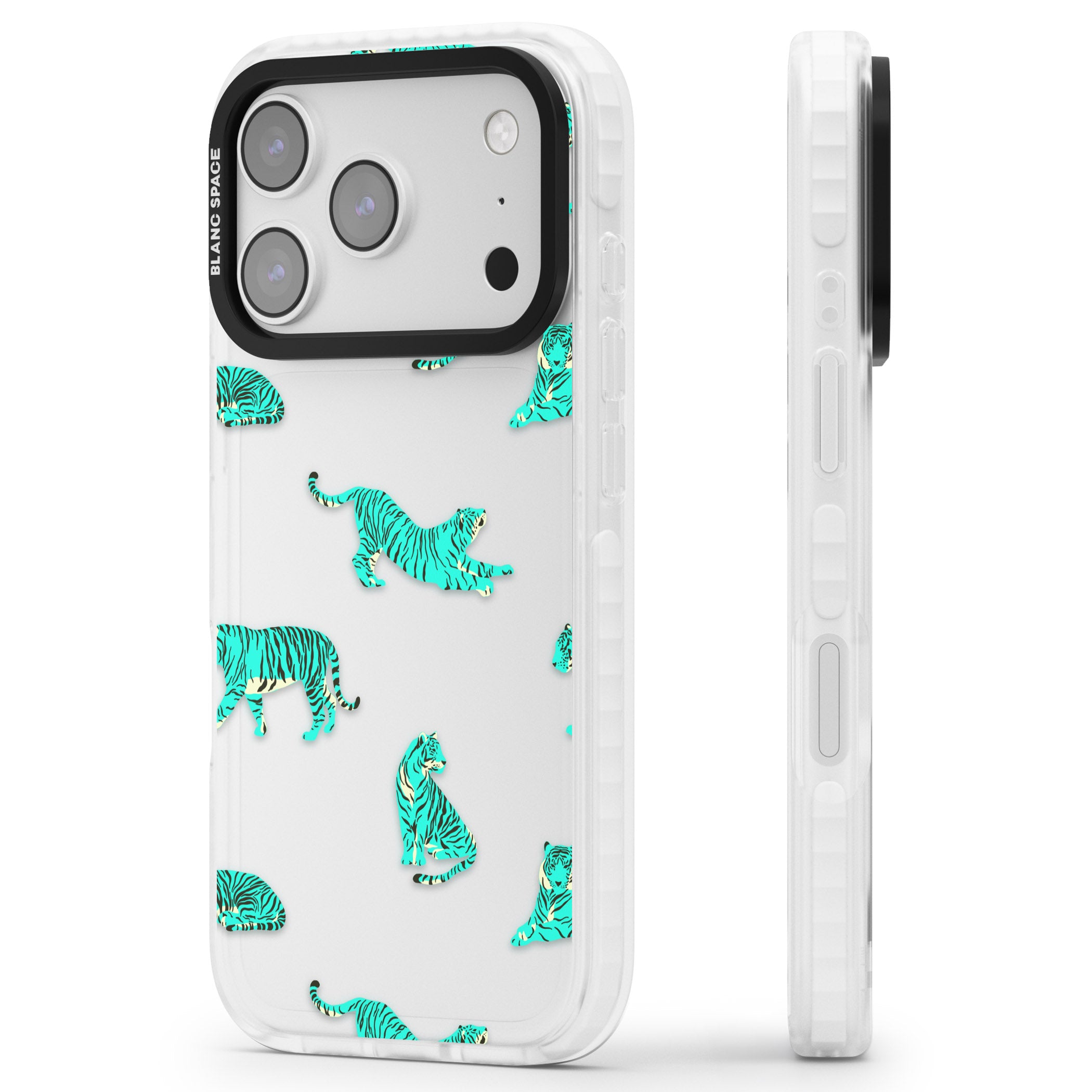 Turquoise Tiger iPhone 17 Pro Impact Clear Phone Case Side Profile