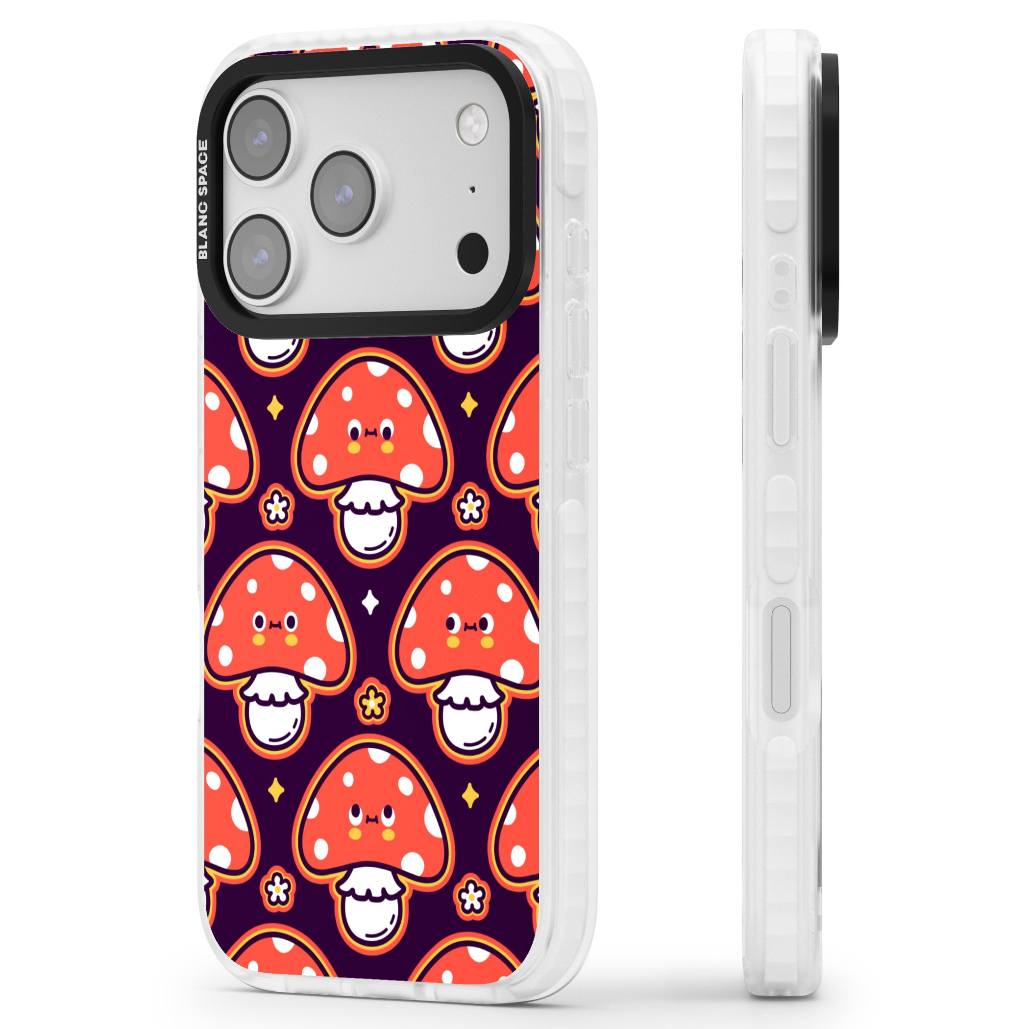 Mushroom Kawaii Pattern iPhone 17 Pro Impact Clear Phone Case Side Profile